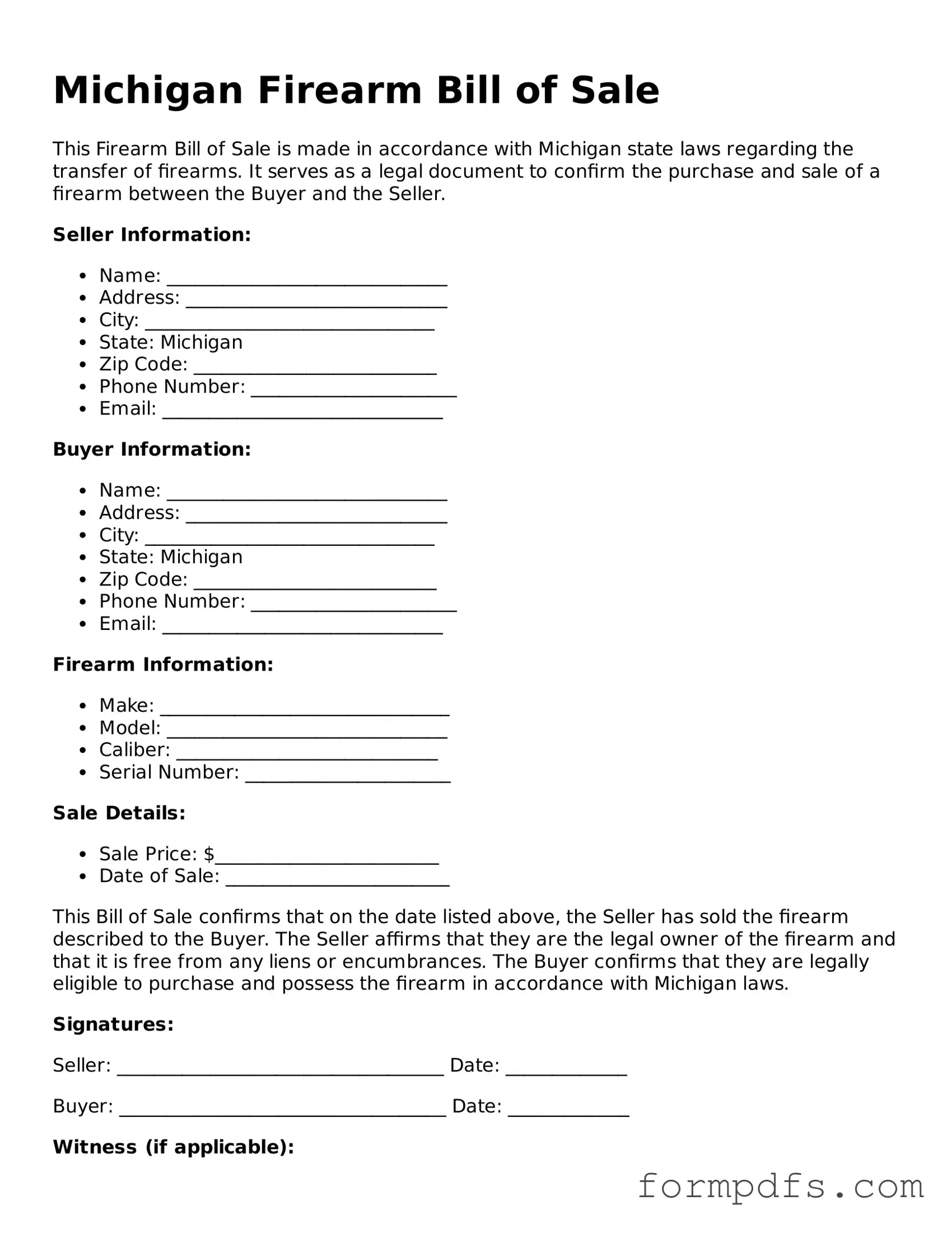 Printable Firearm Bill of Sale Form for the State of Michigan