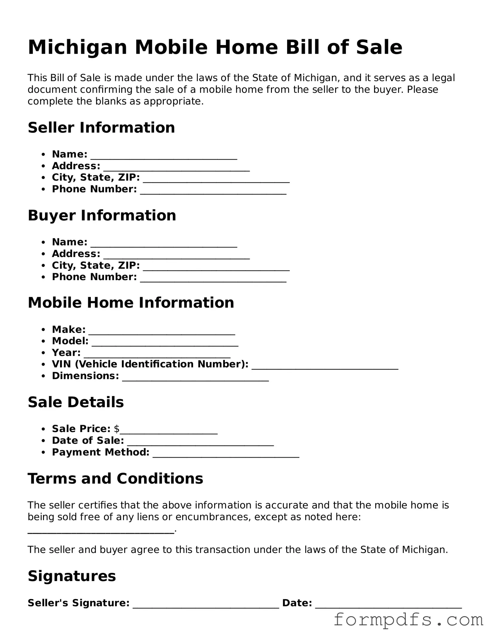 Printable Mobile Home Bill of Sale Form for the State of Michigan