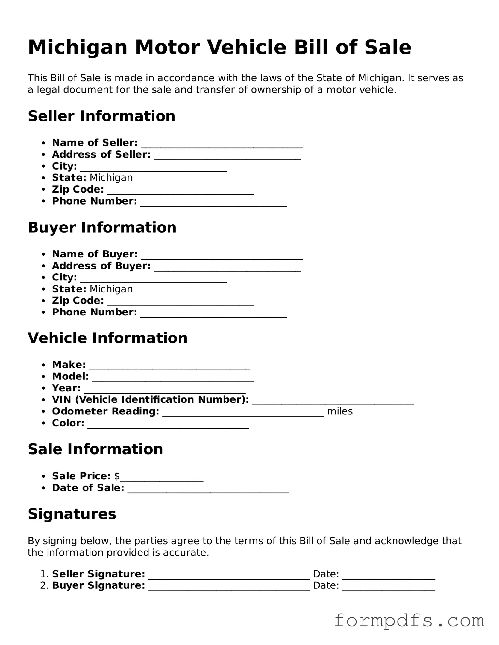Printable Motor Vehicle Bill of Sale Form for the State of Michigan