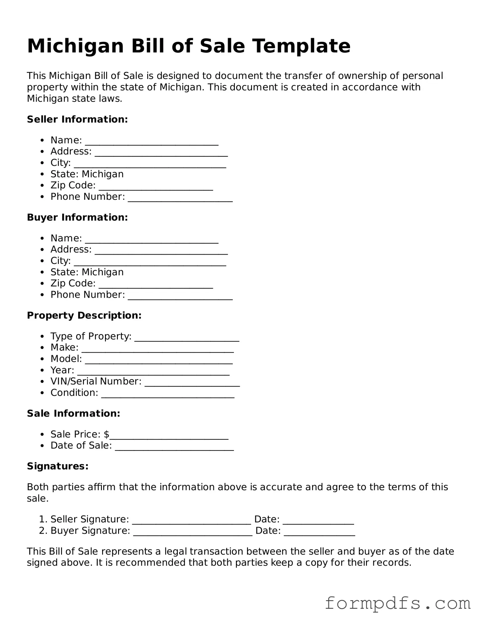 Printable Bill of Sale Form for the State of Michigan