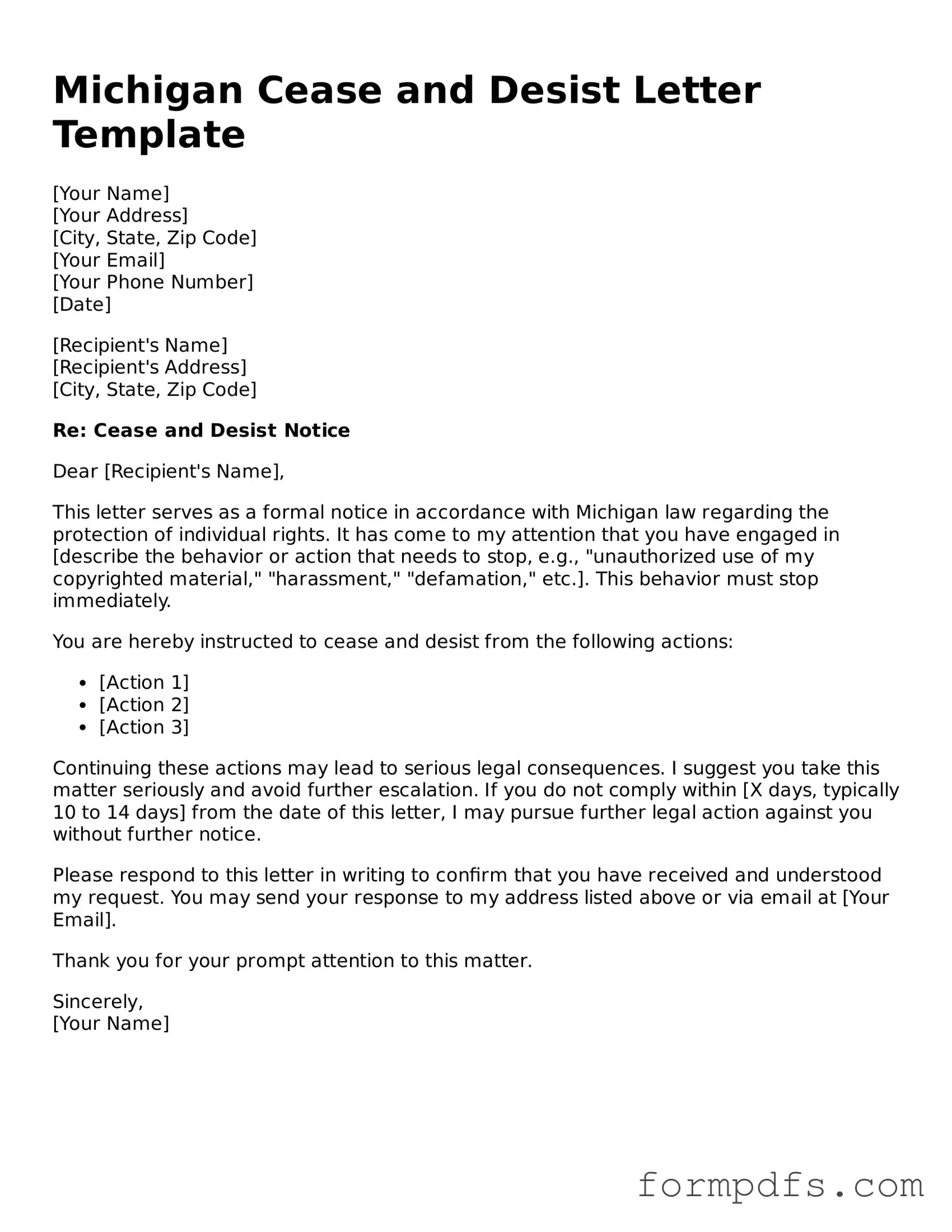 Printable Cease and Desist Letter Form for the State of Michigan