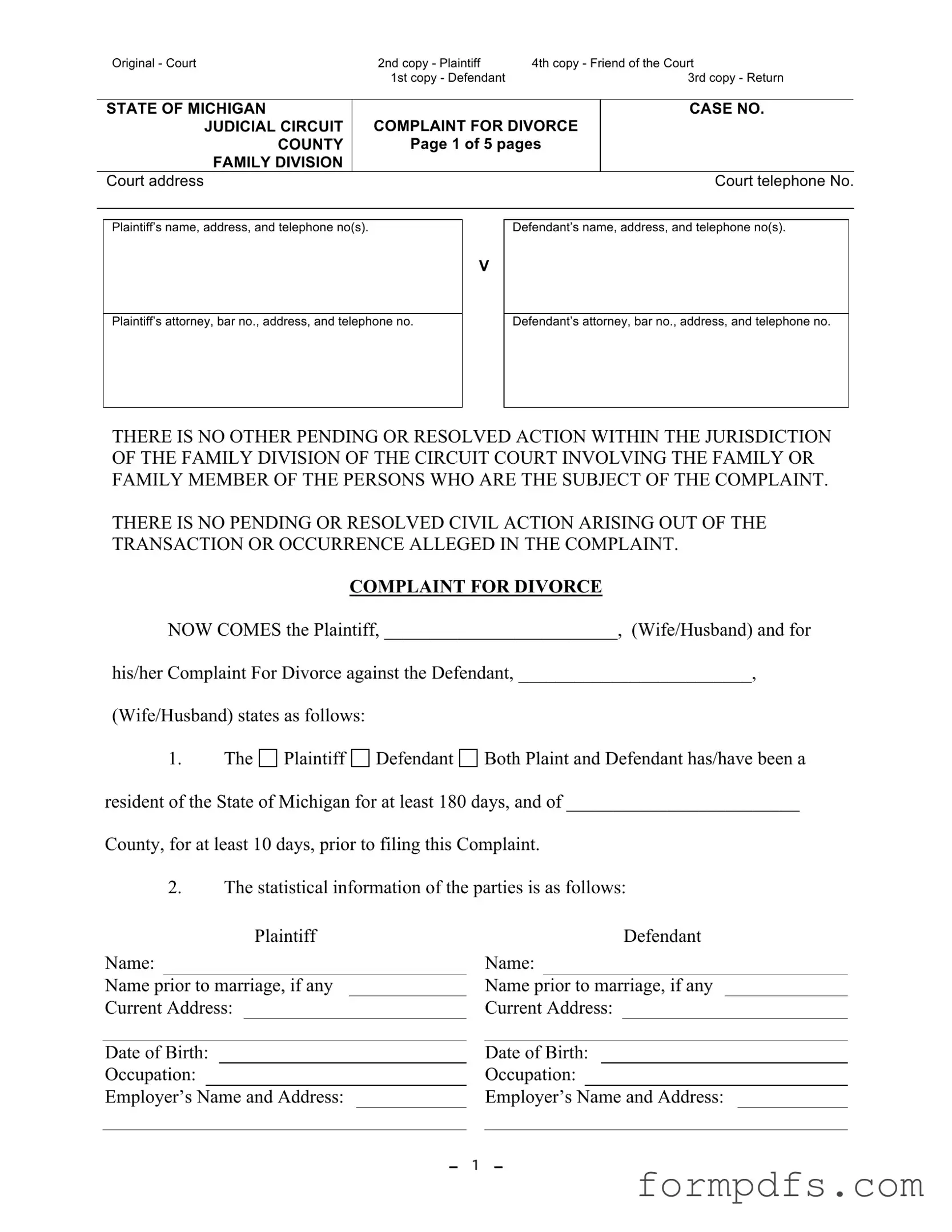 Blank Michigan Complaint Divorce PDF Form