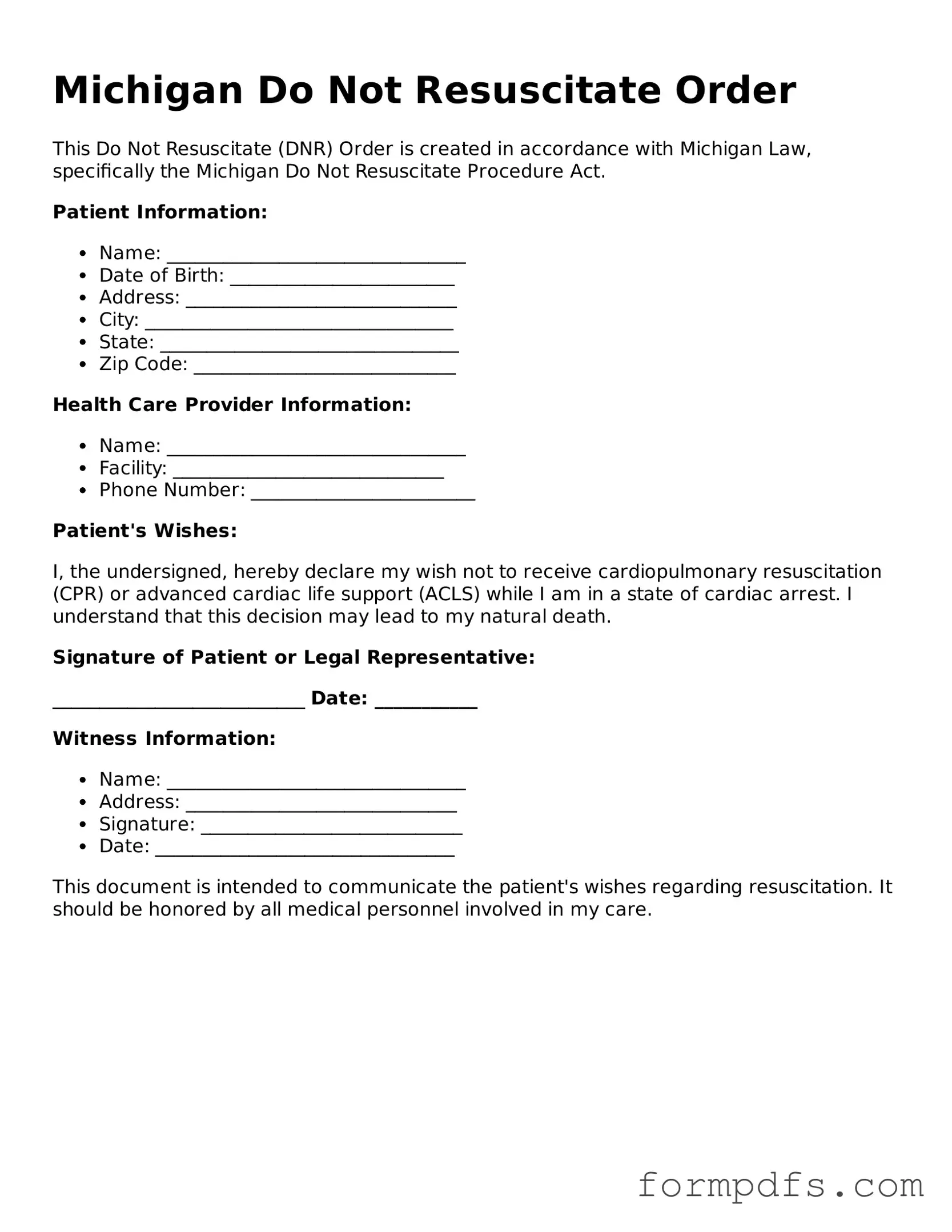 Printable Do Not Resuscitate Order Form for the State of Michigan