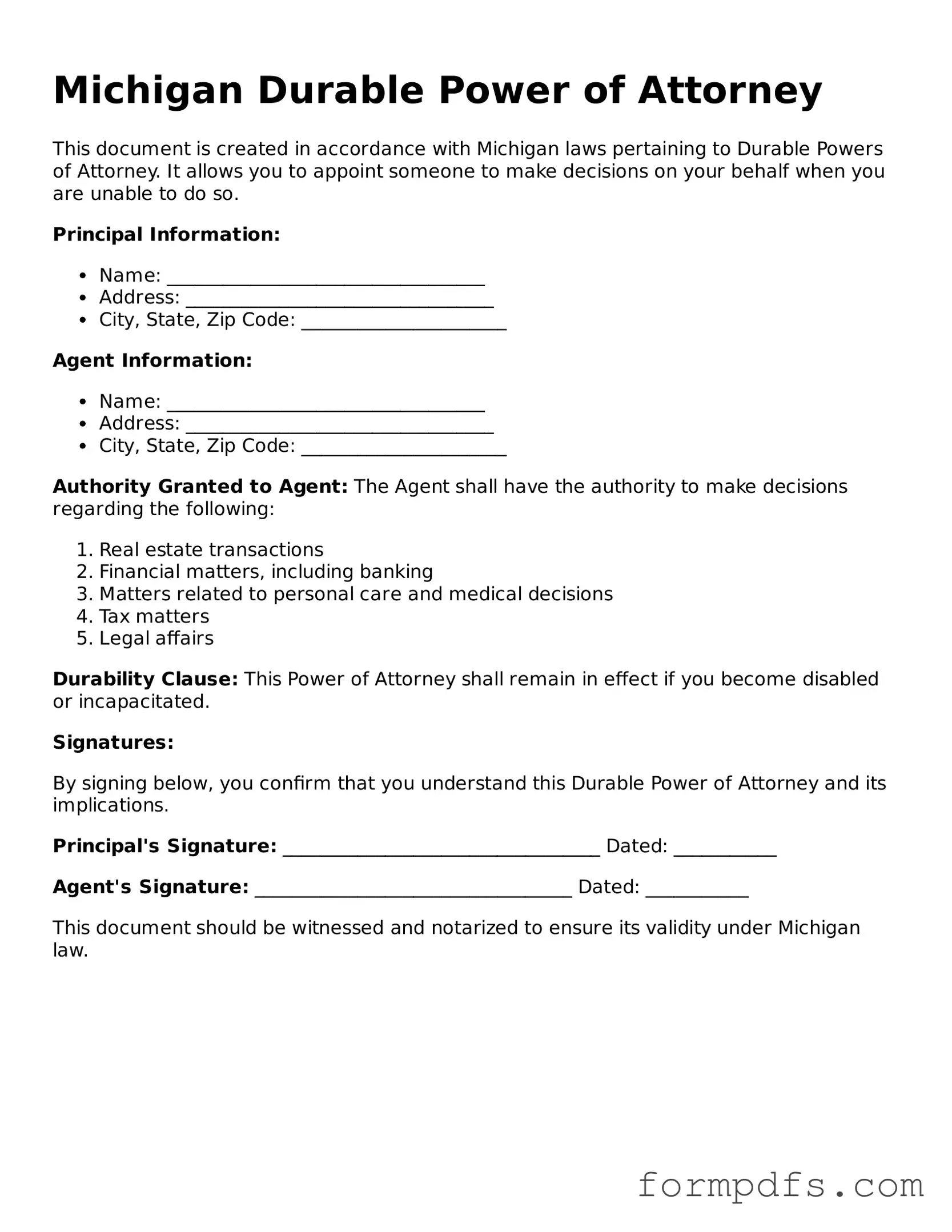 Printable Durable Power of Attorney Form for the State of Michigan