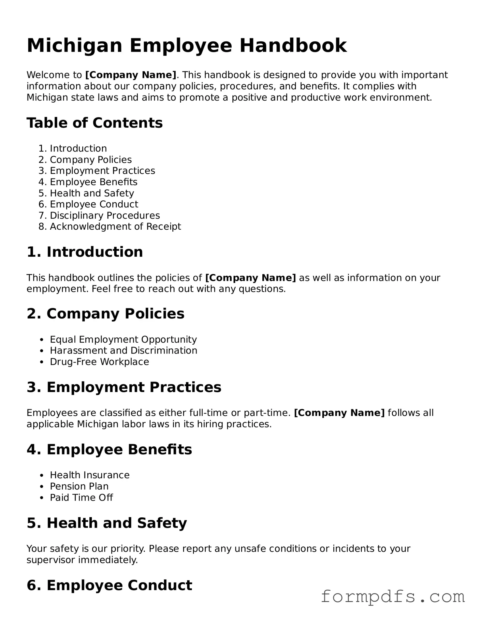 Printable Employee Handbook Form for the State of Michigan