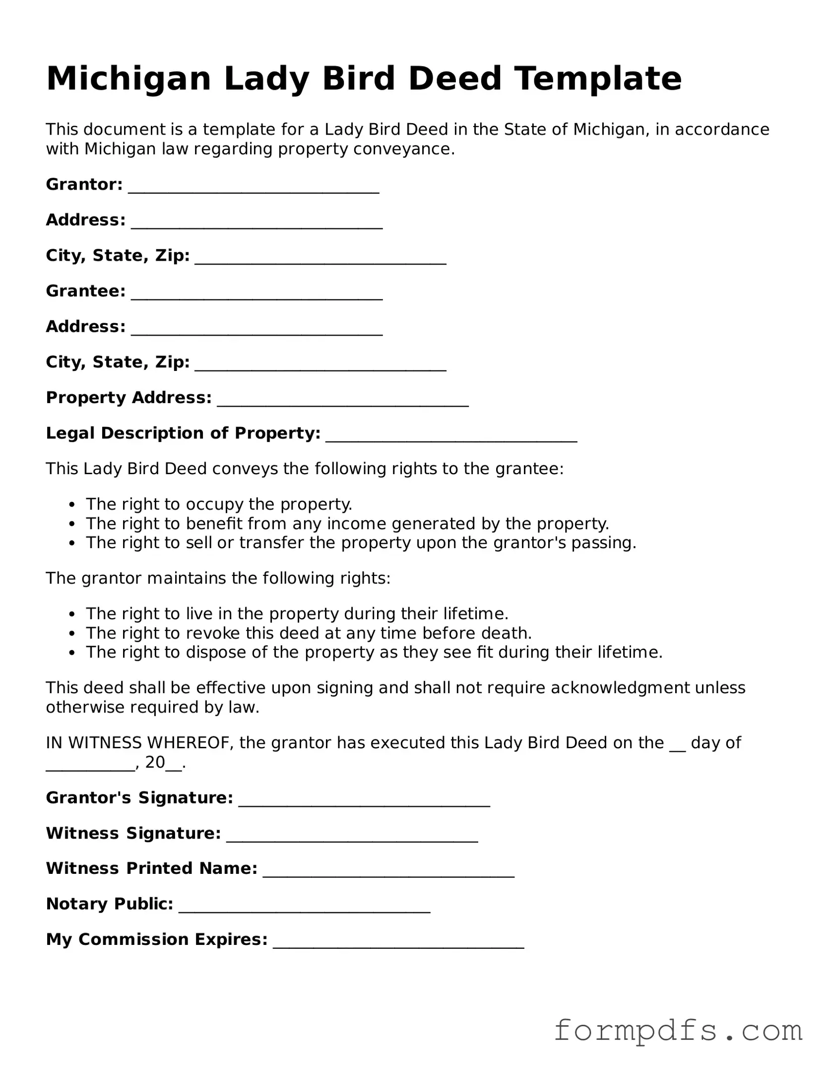 Printable Lady Bird Deed Form for the State of Michigan