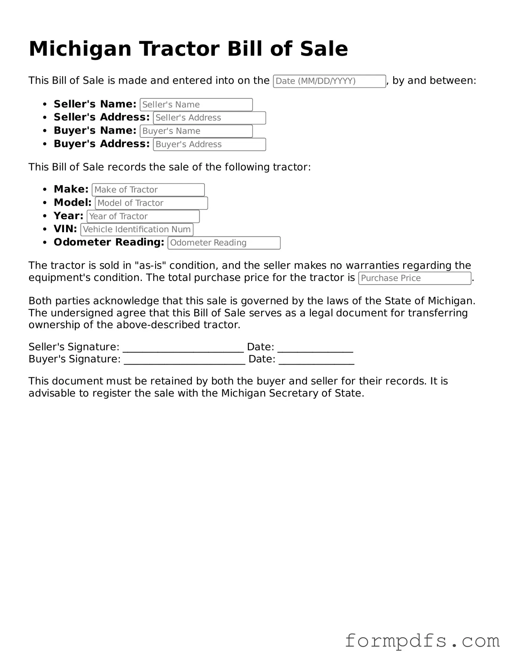 Printable Tractor Bill of Sale Form for the State of Michigan