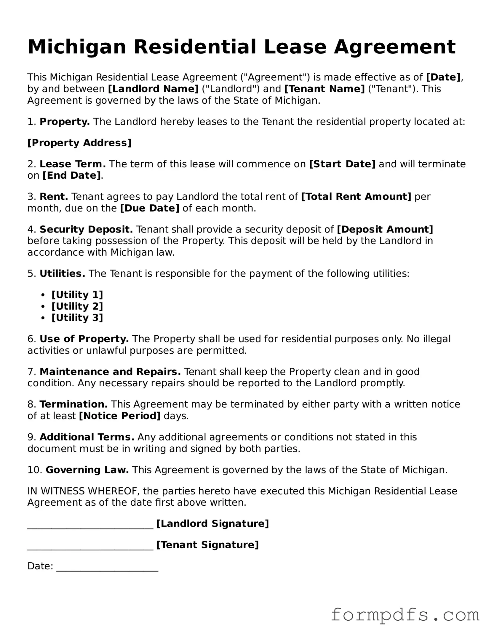 Printable Residential Lease Agreement Form for the State of Michigan