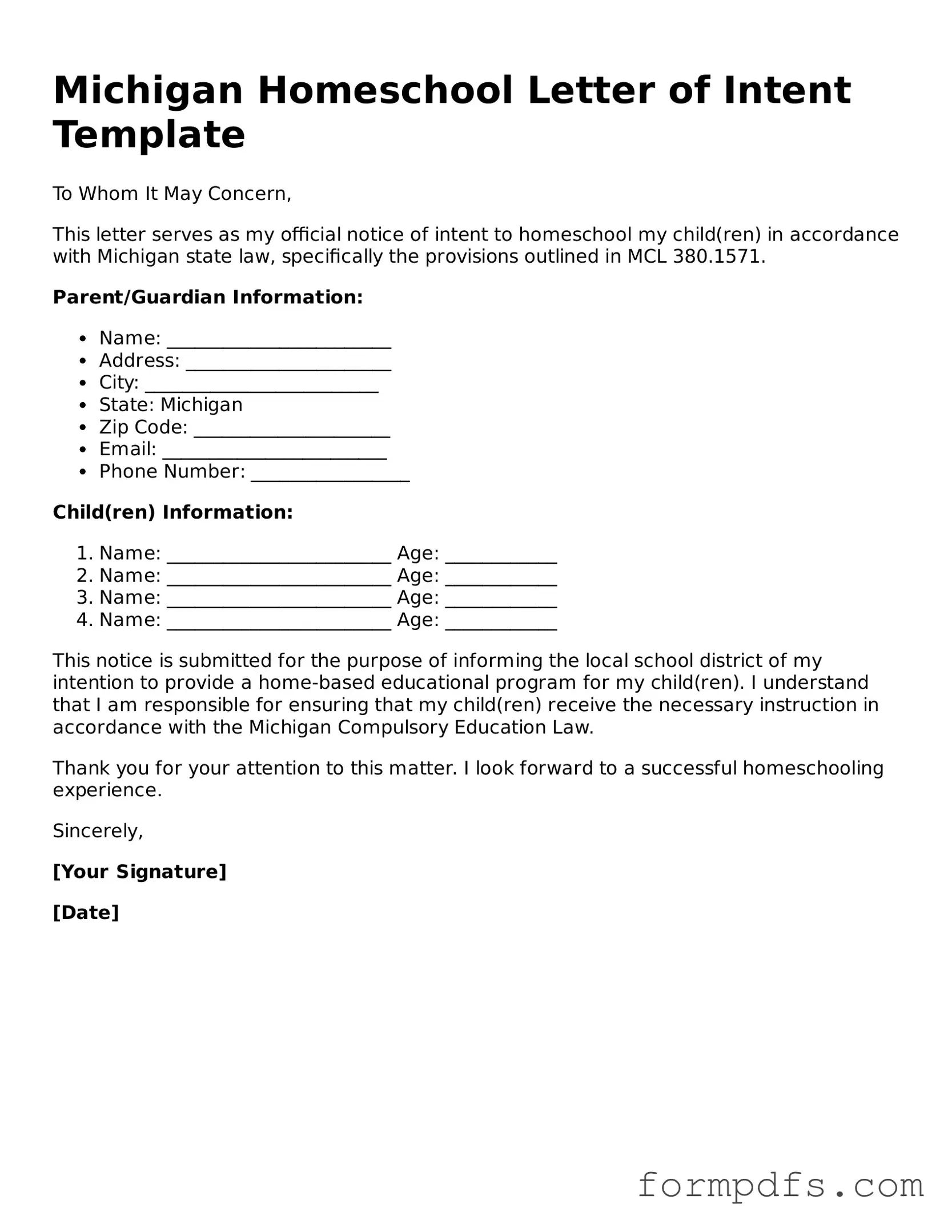 Printable Homeschool Letter of Intent Form for the State of Michigan