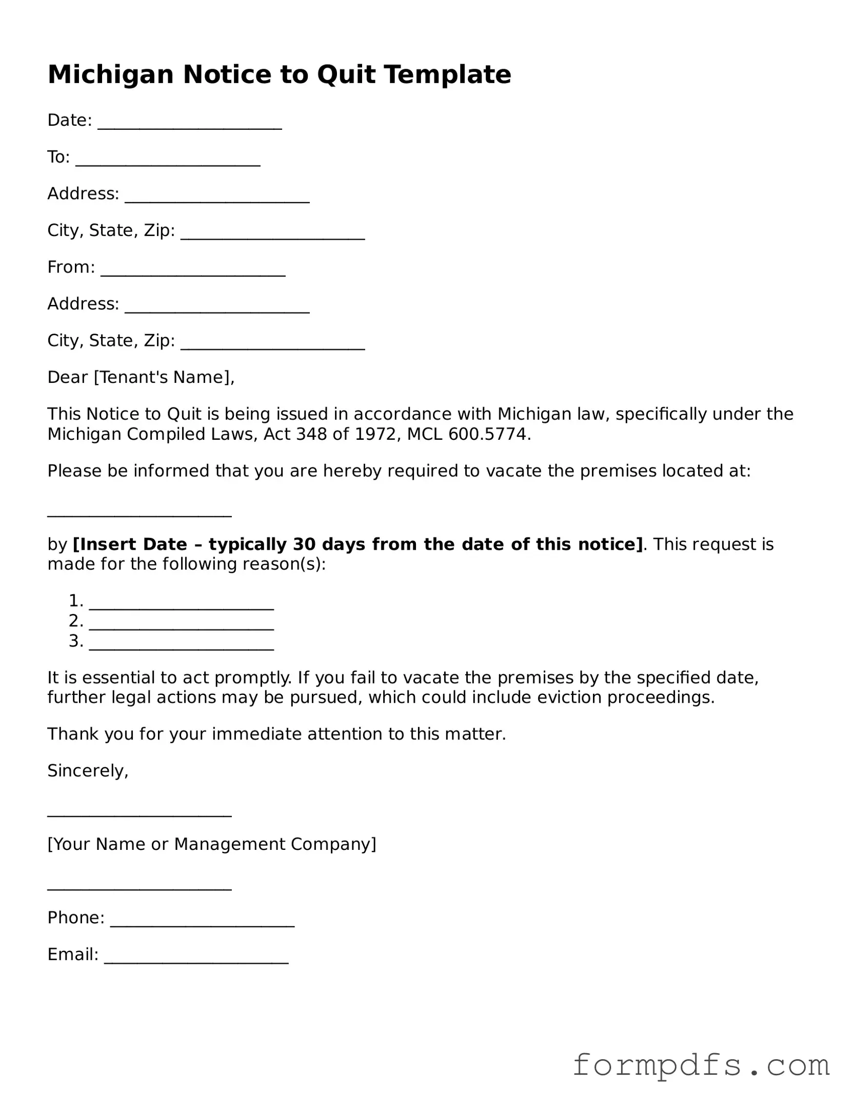 Printable Notice to Quit Form for the State of Michigan