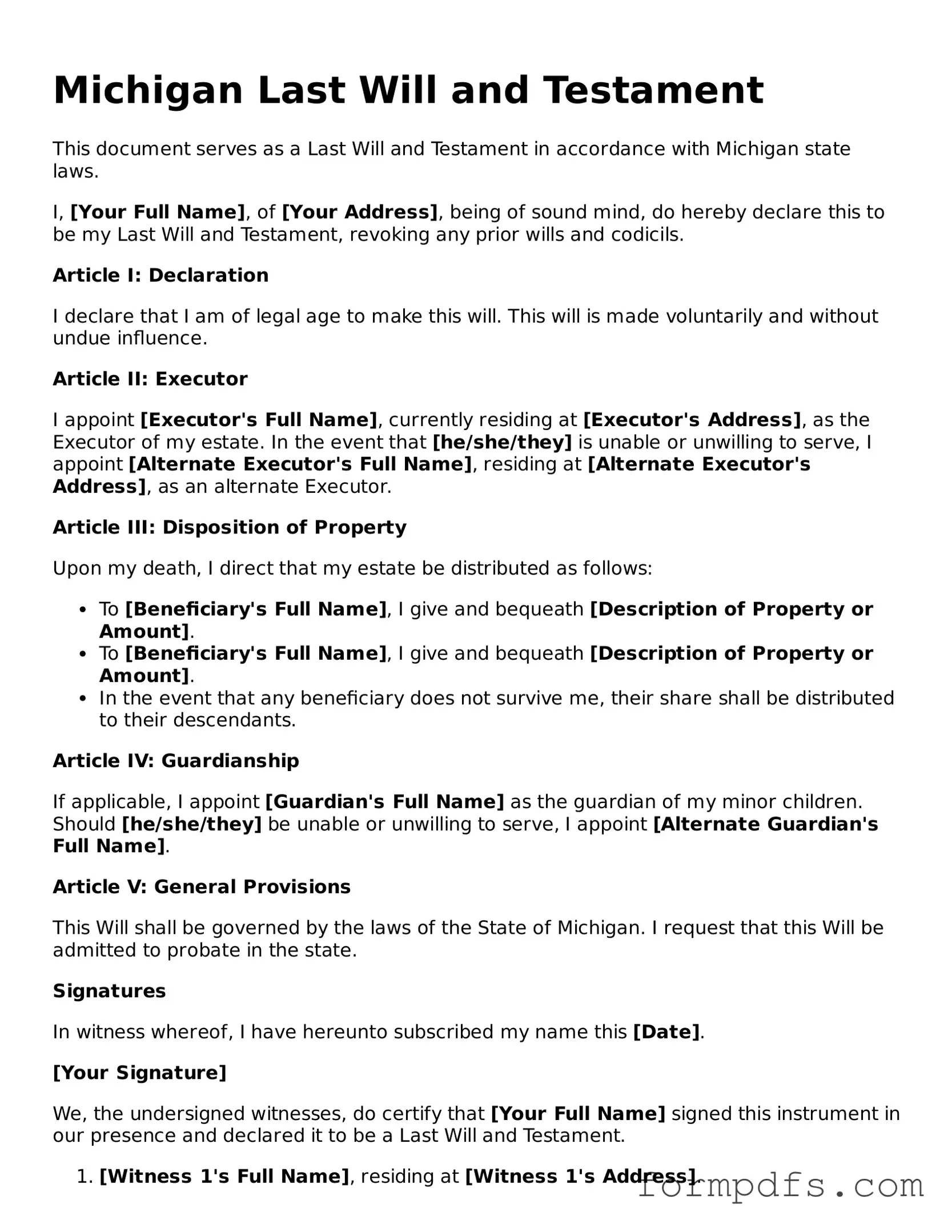 Printable Last Will and Testament Form for the State of Michigan
