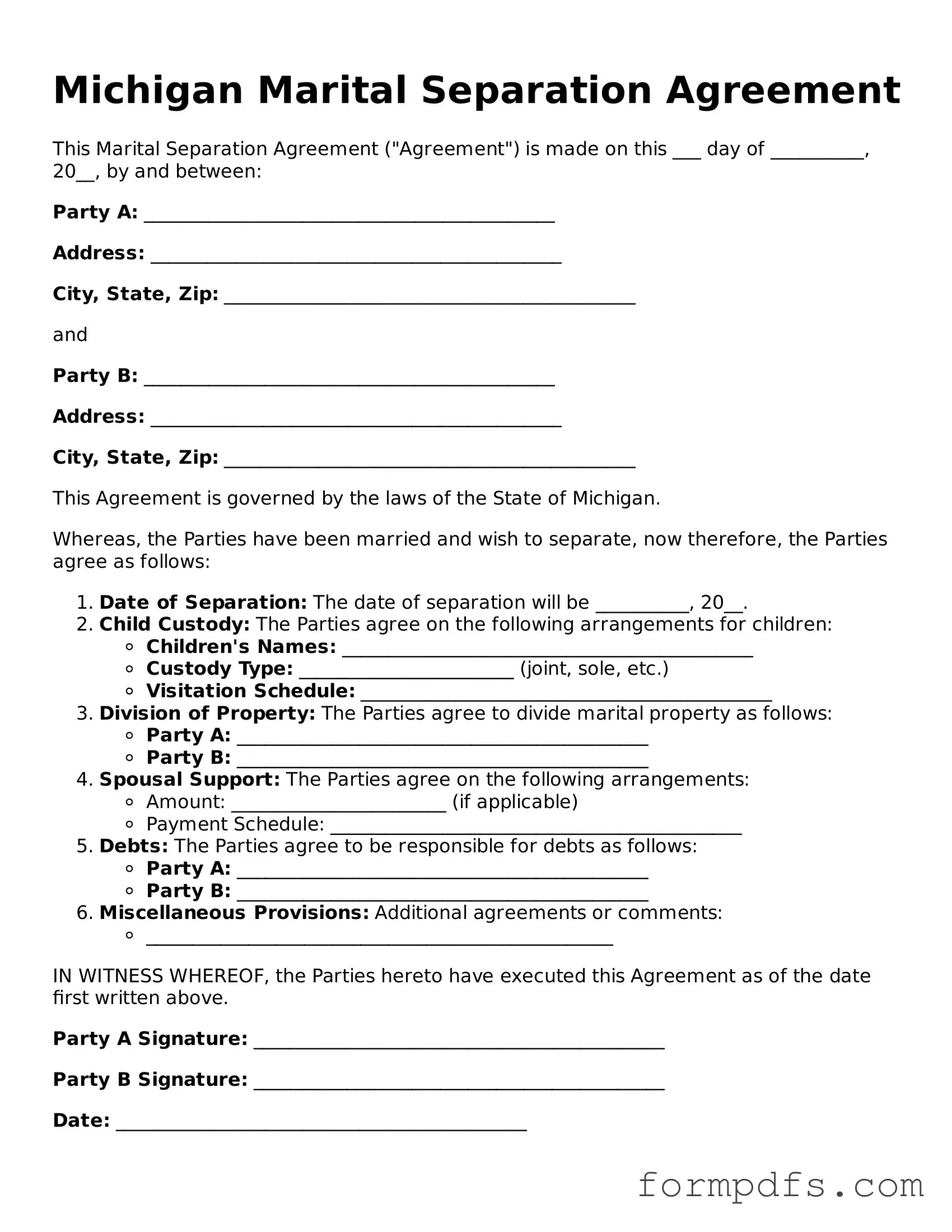 Printable Marital Separation Agreement Form for the State of Michigan