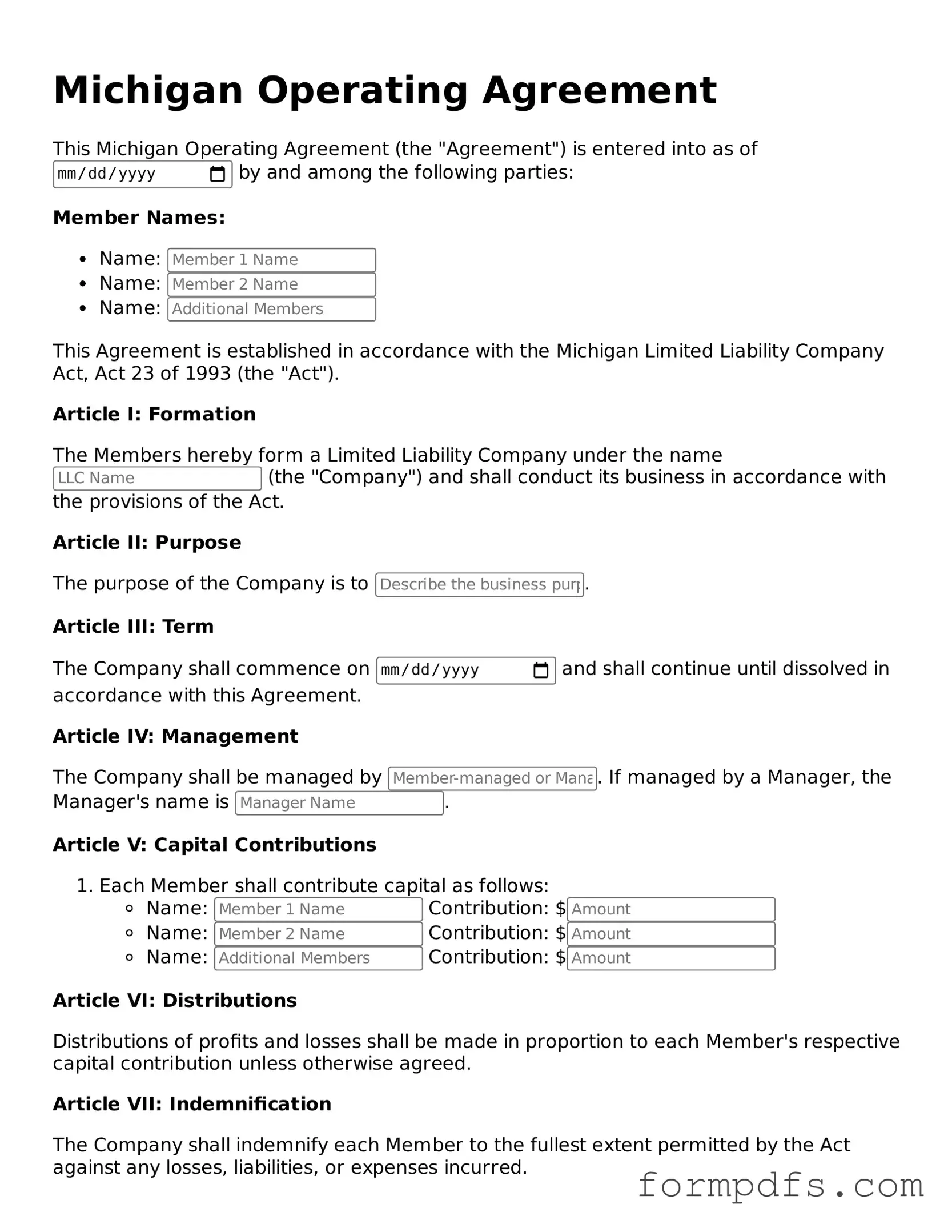 Printable Operating Agreement Form for the State of Michigan