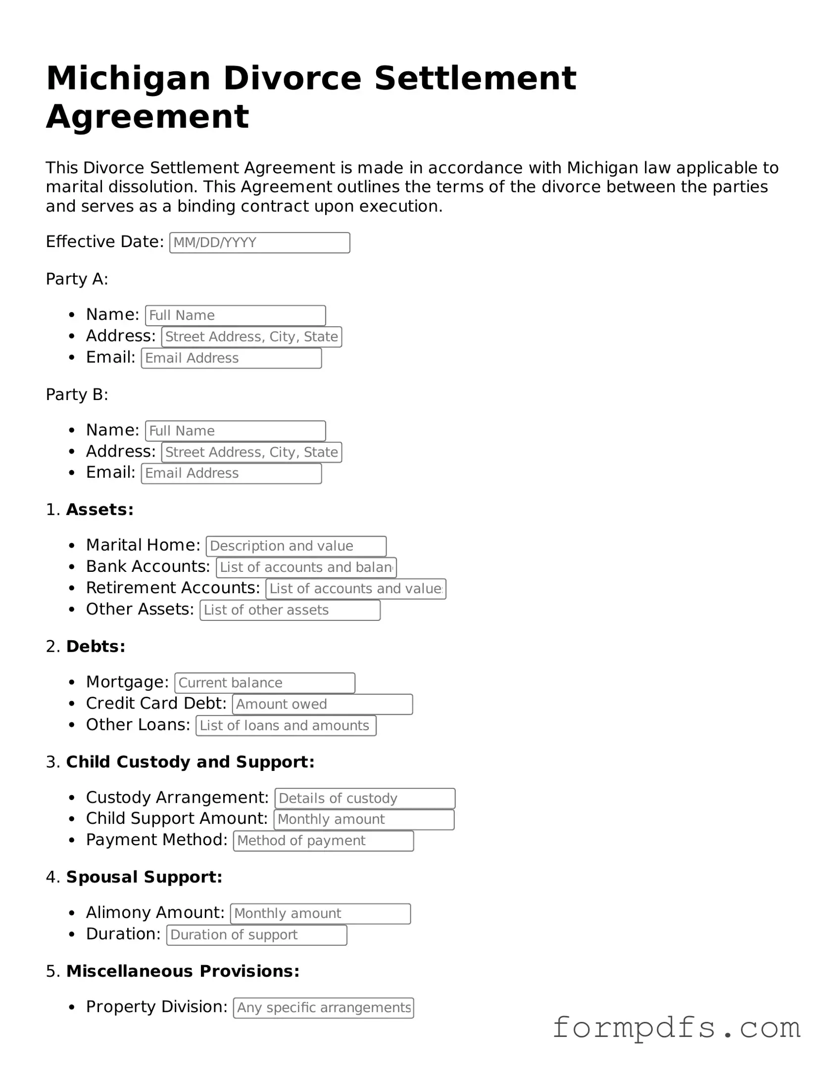 Printable Divorce Settlement Agreement Form for the State of Michigan