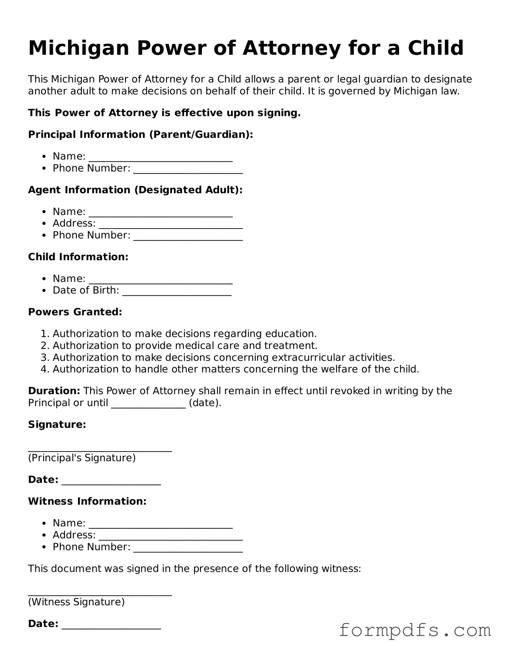 Printable Power of Attorney for a Child Form for the State of Michigan