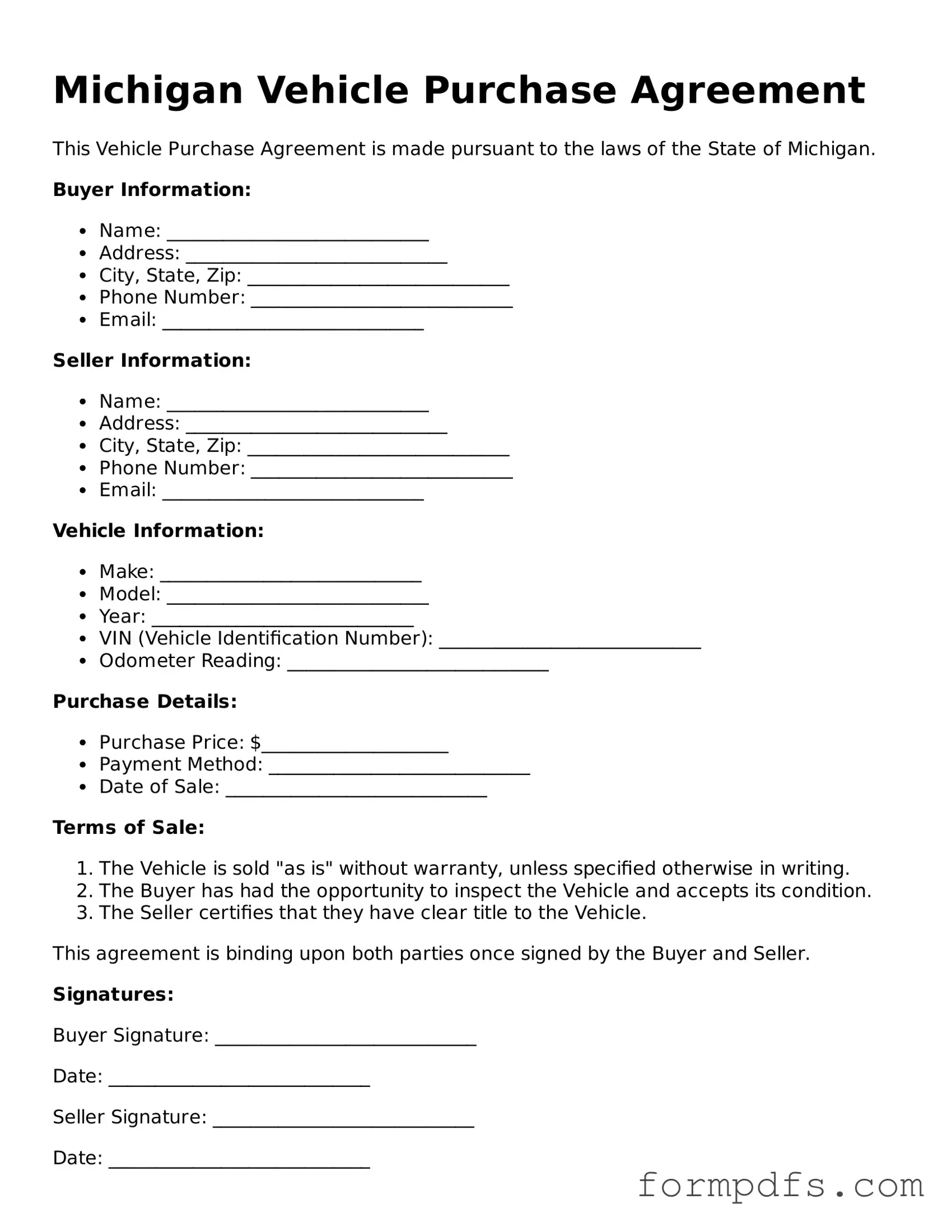 Printable Vehicle Purchase Agreement Form for the State of Michigan