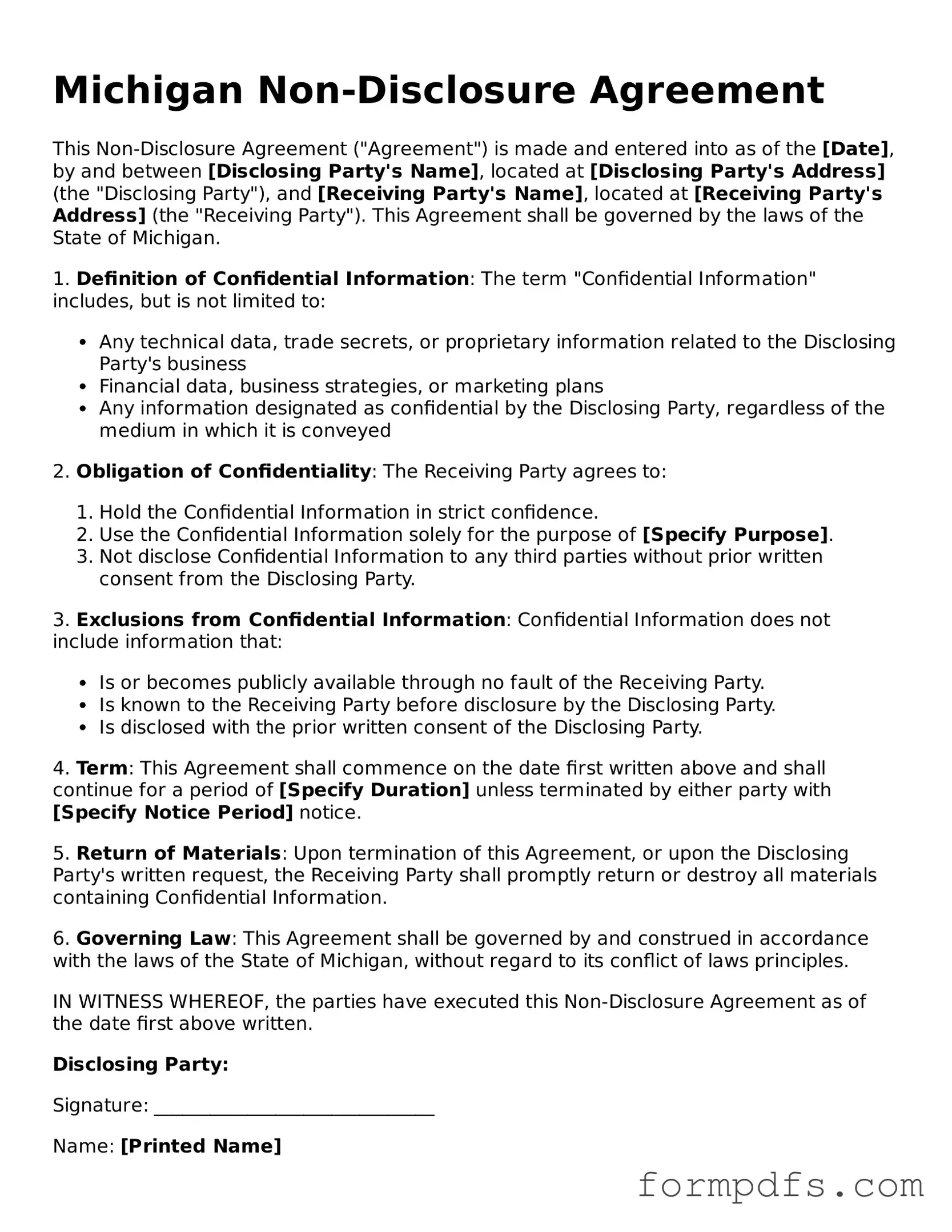 Printable Non-disclosure Agreement Form for the State of Michigan
