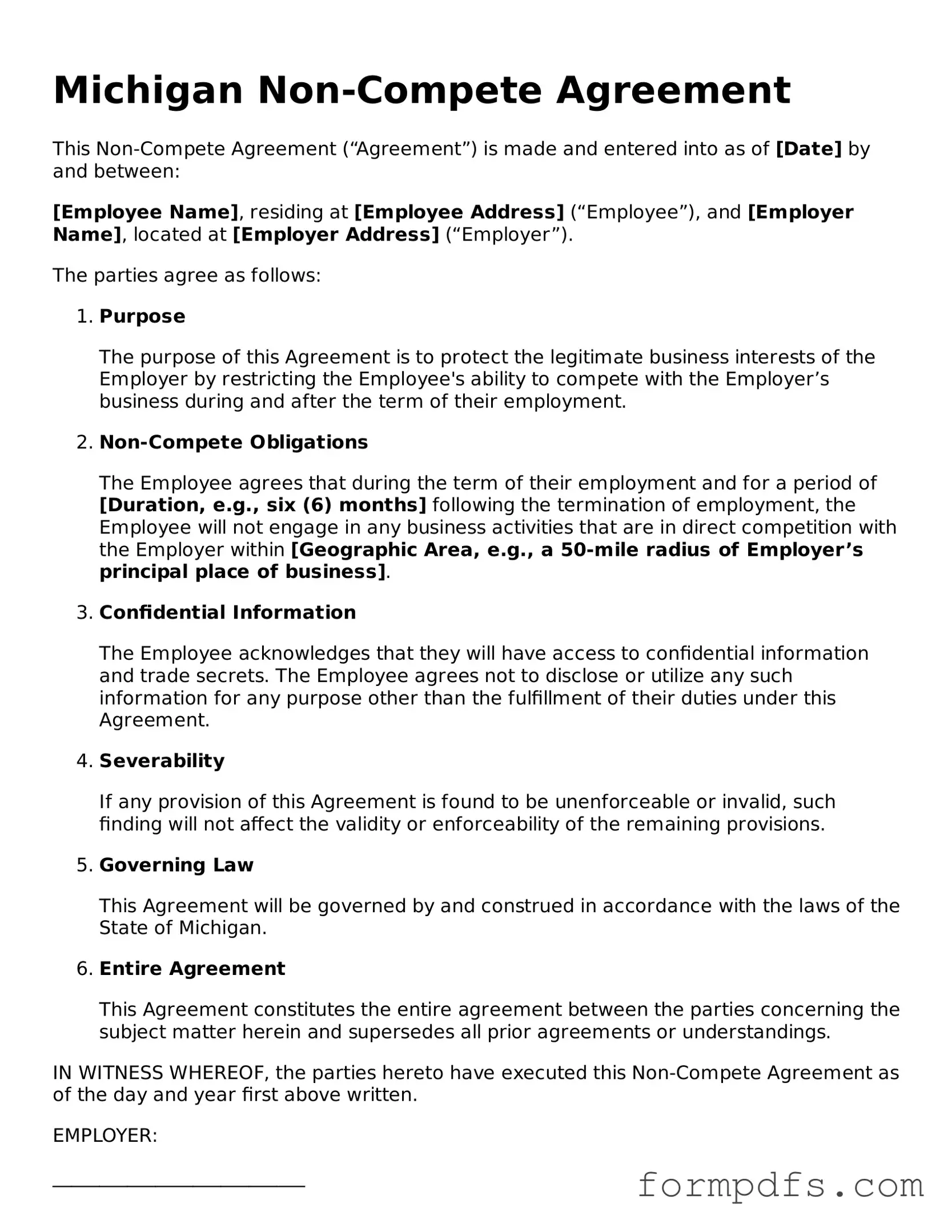Printable Non-compete Agreement Form for the State of Michigan