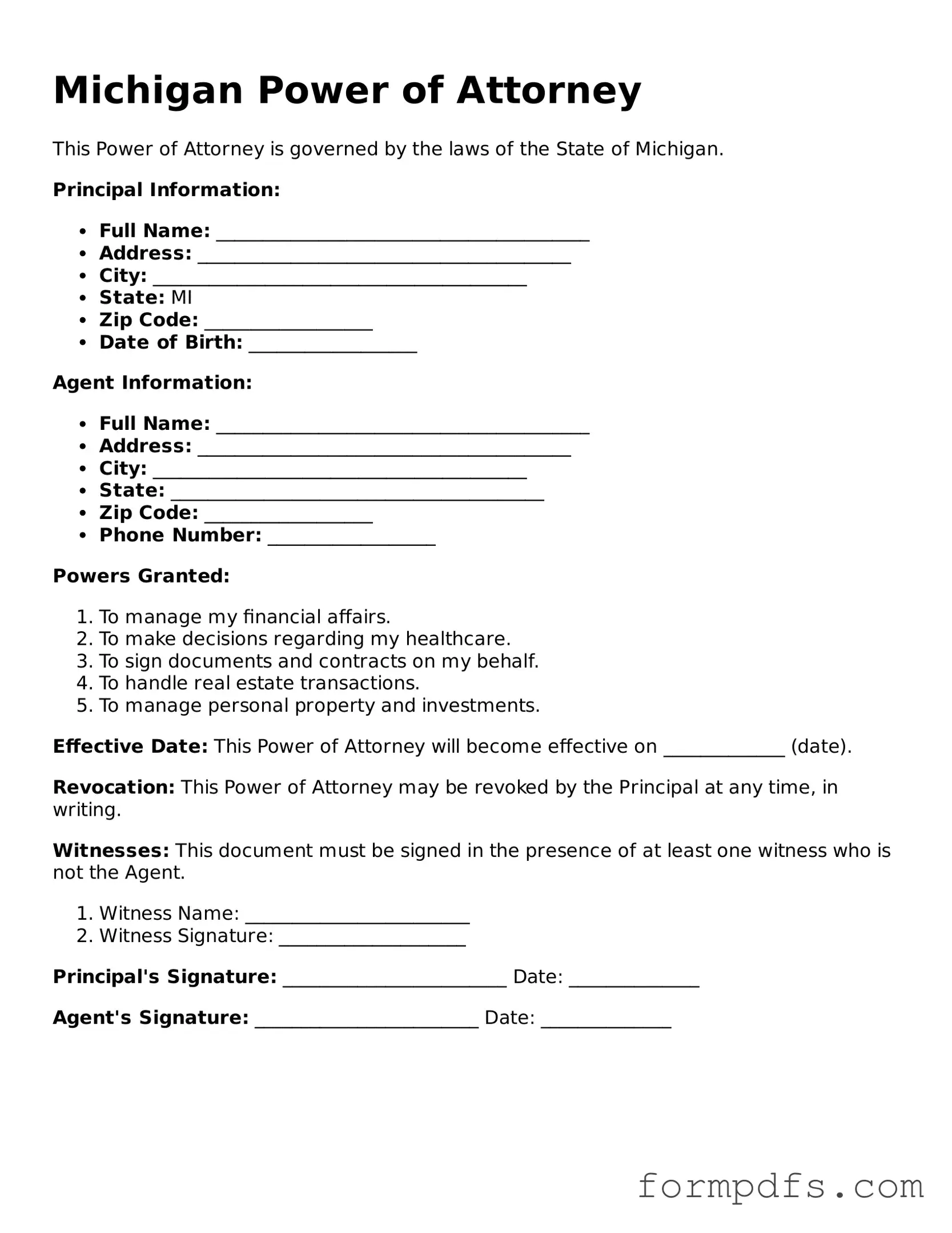 Printable Power of Attorney Form for the State of Michigan