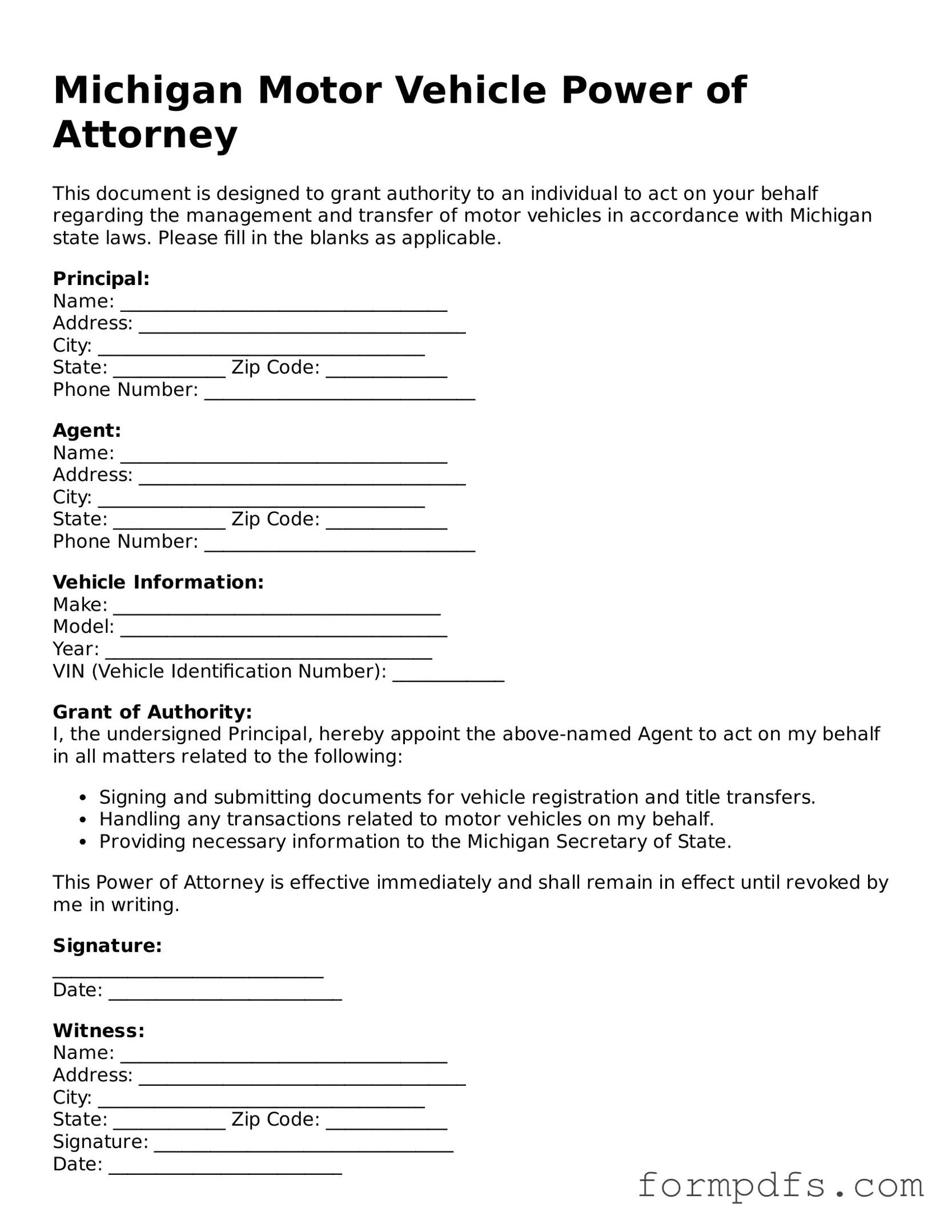 Printable Motor Vehicle Power of Attorney Form for the State of Michigan