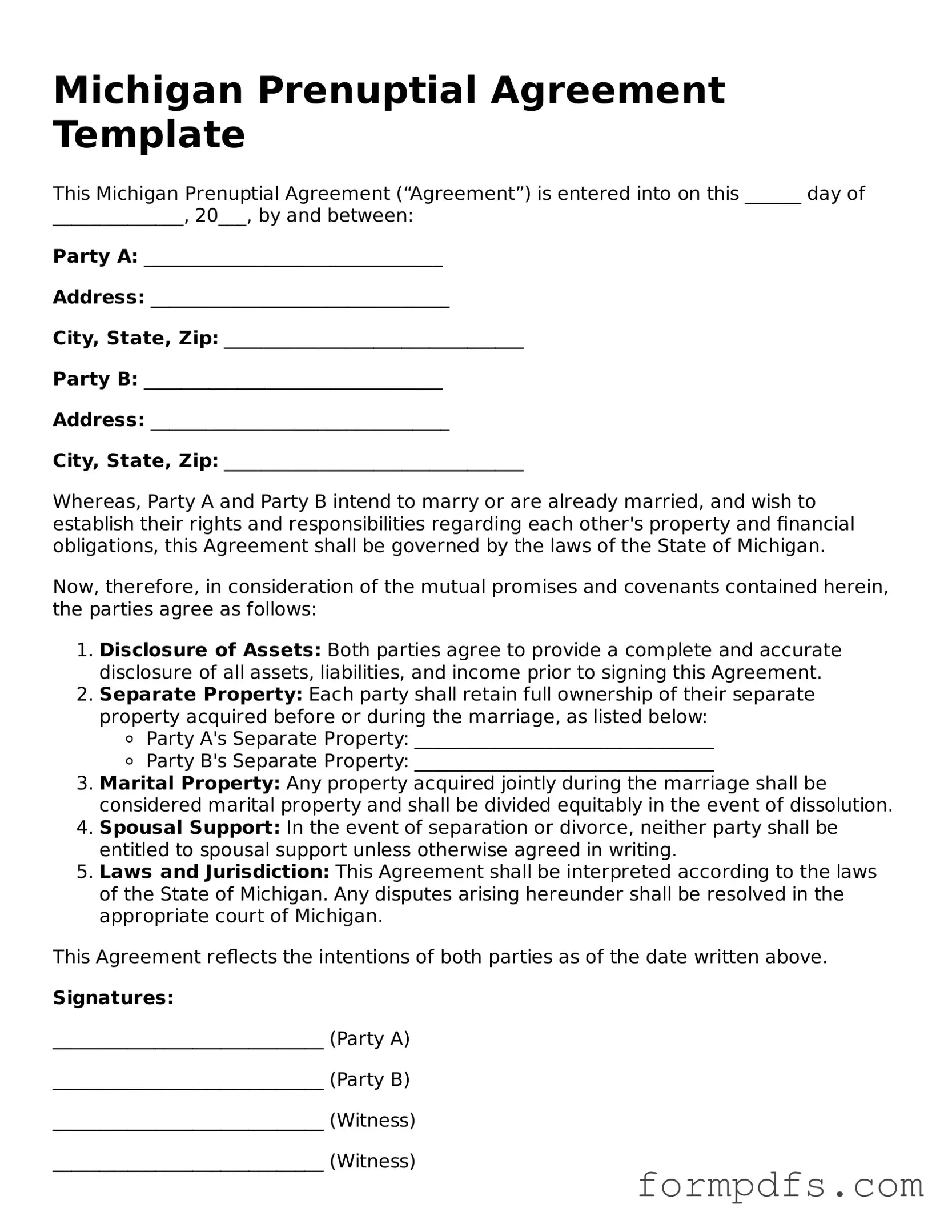 Printable Prenuptial Agreement Form for the State of Michigan