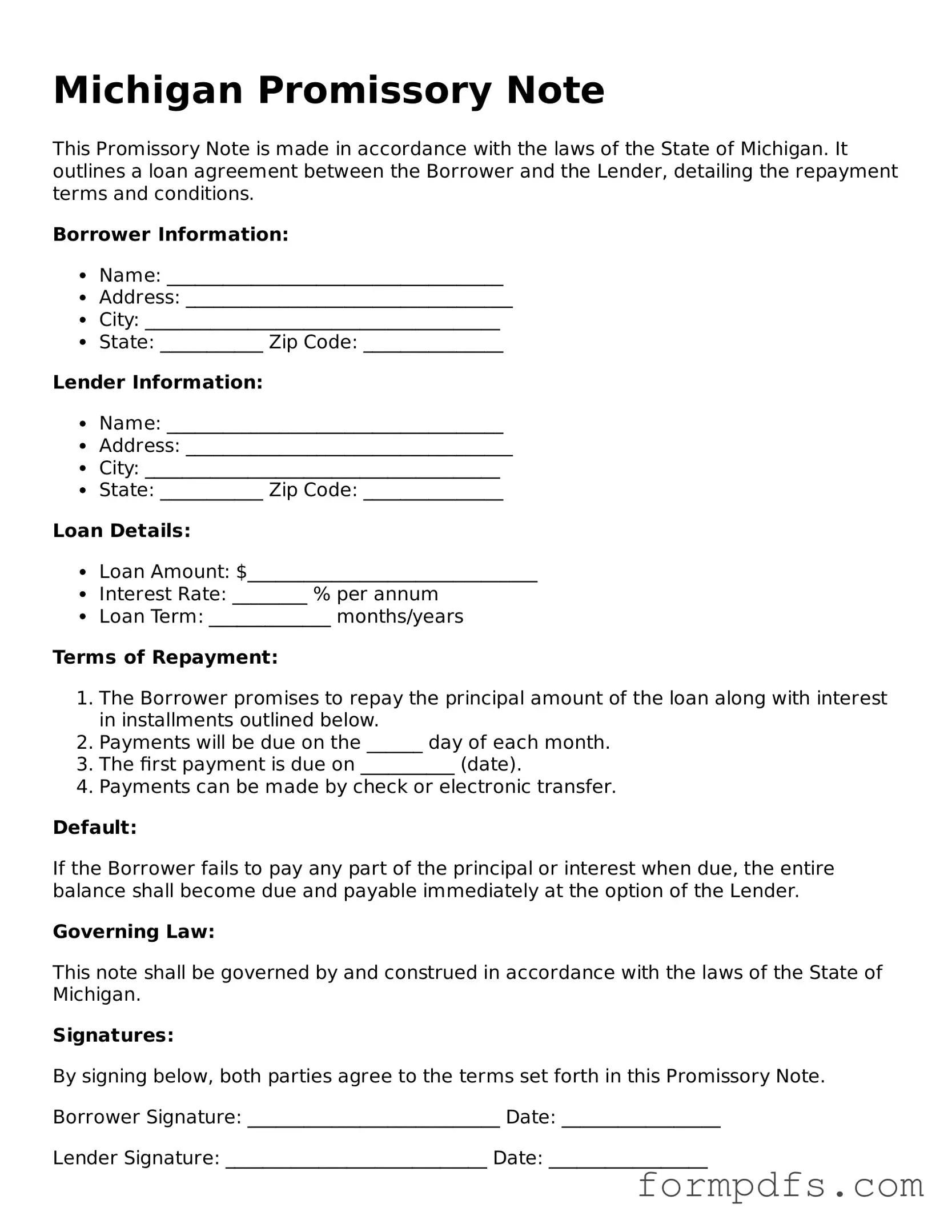 Printable Promissory Note Form for the State of Michigan