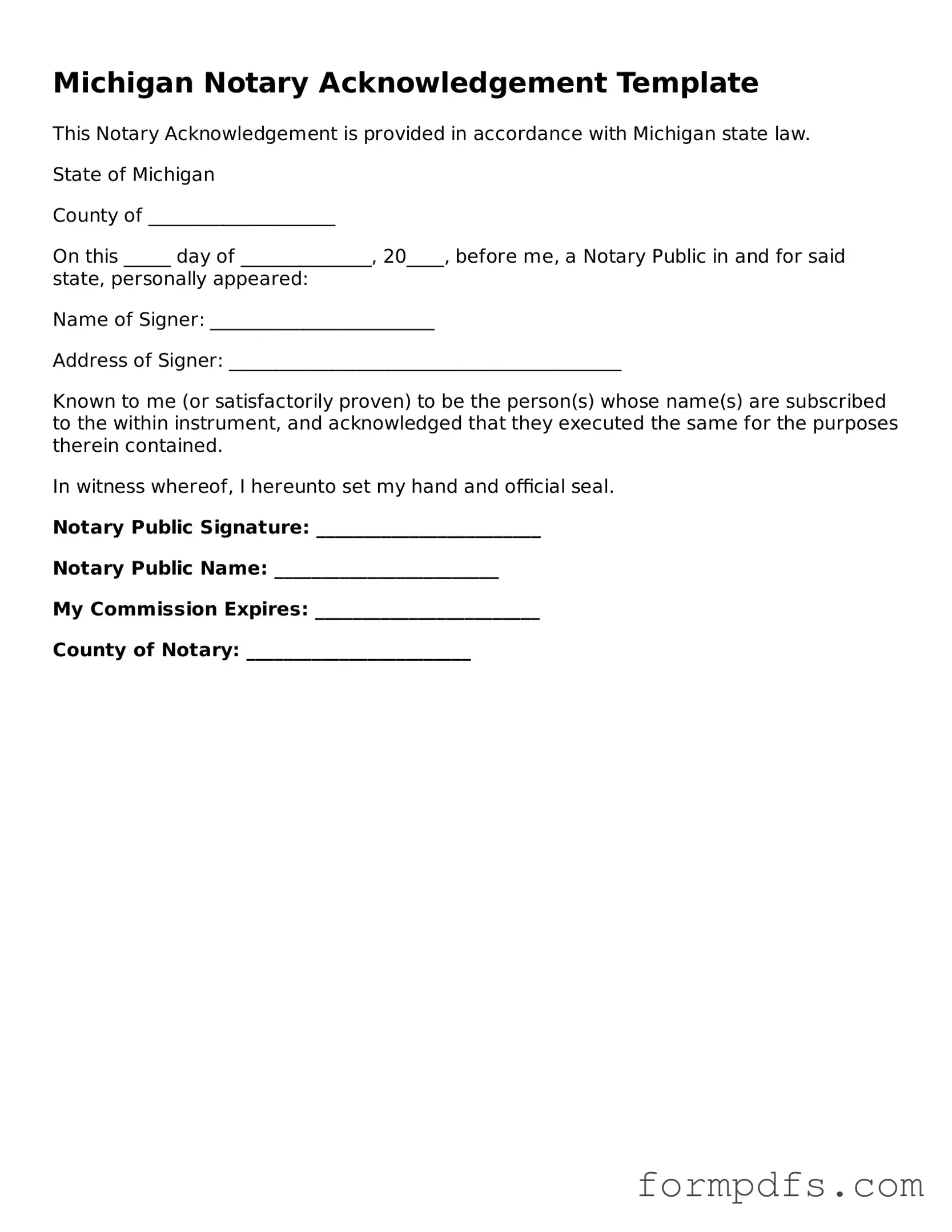 Printable Notary Acknowledgement Form for the State of Michigan
