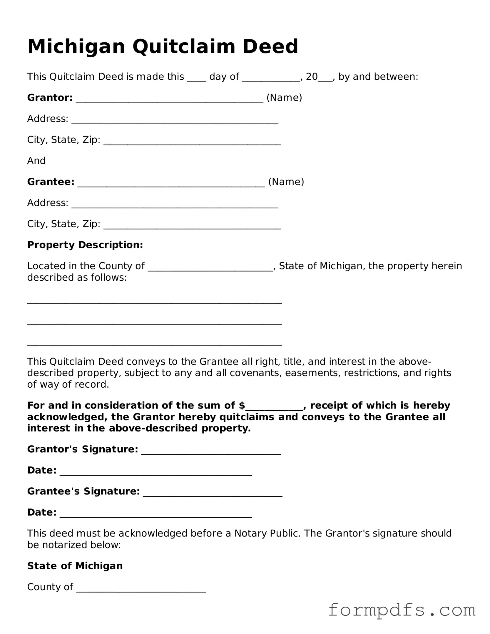 Printable Quitclaim Deed Form for the State of Michigan