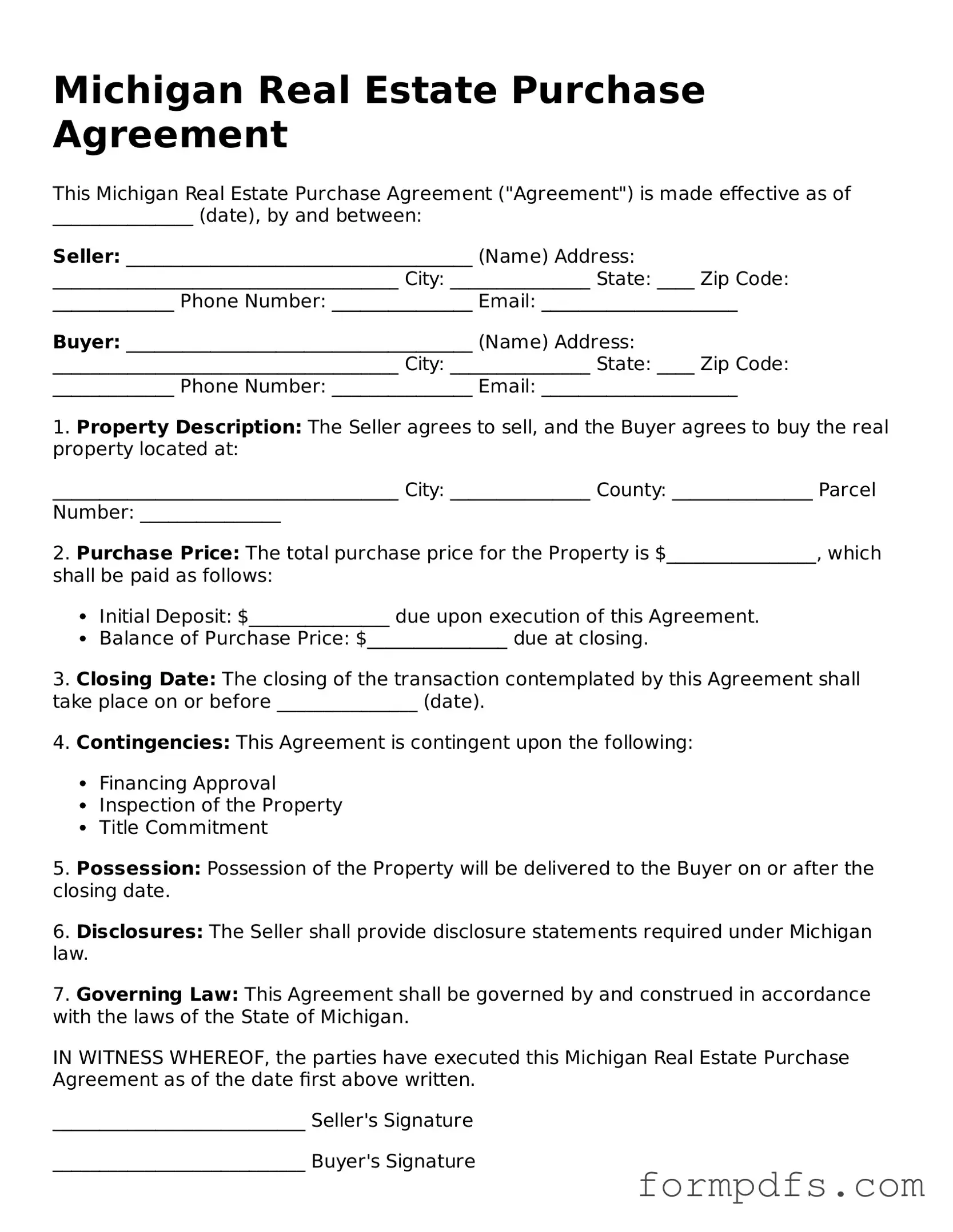 Printable Real Estate Purchase Agreement Form for the State of Michigan