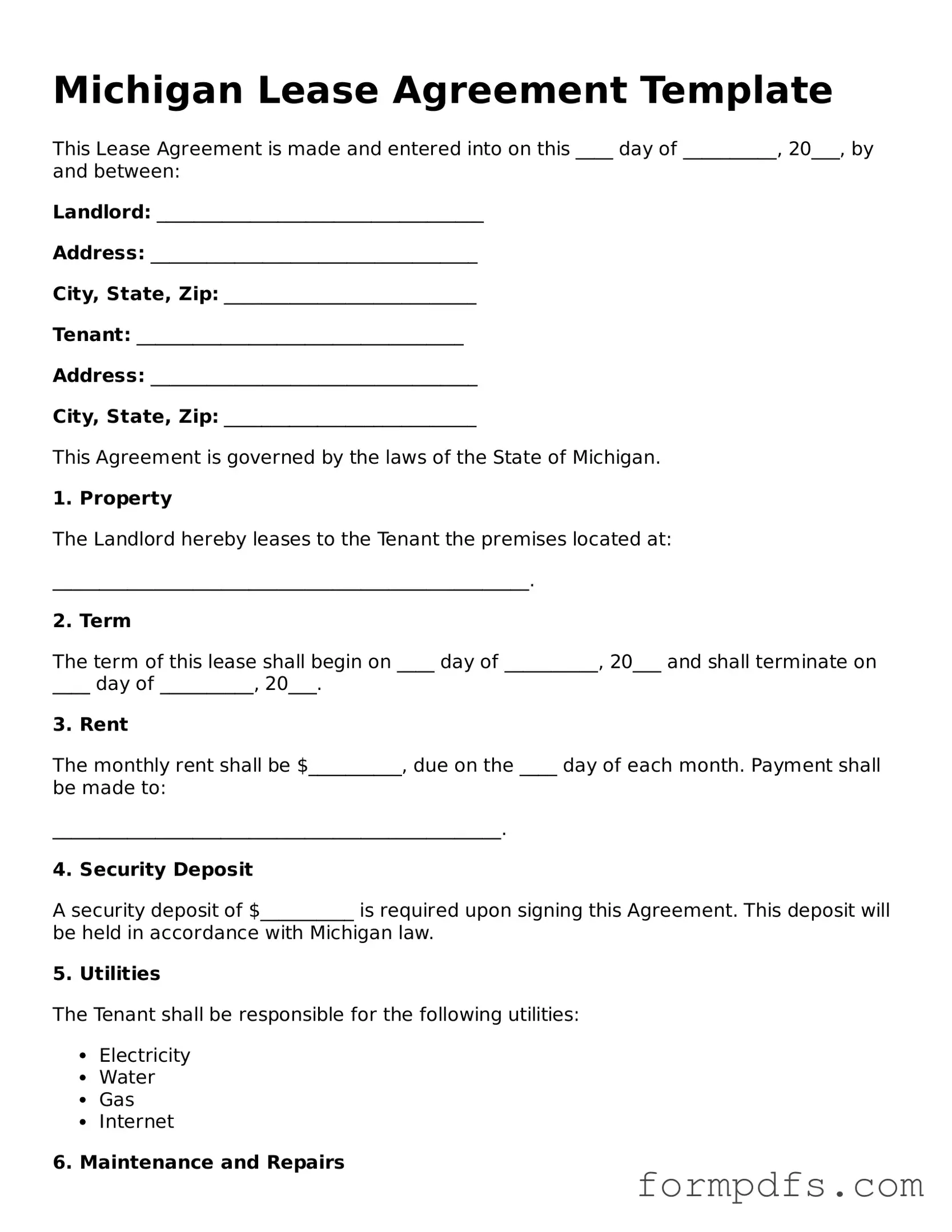 Printable Lease Agreement Form for the State of Michigan
