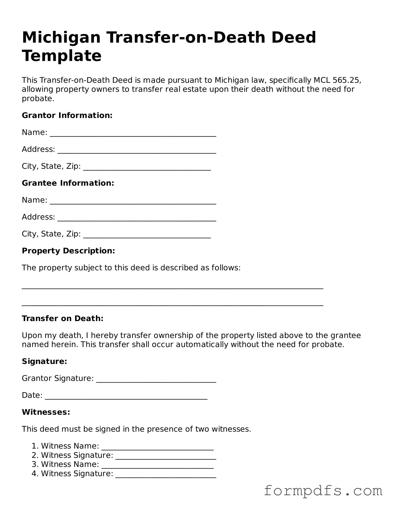 Printable Transfer-on-Death Deed Form for the State of Michigan