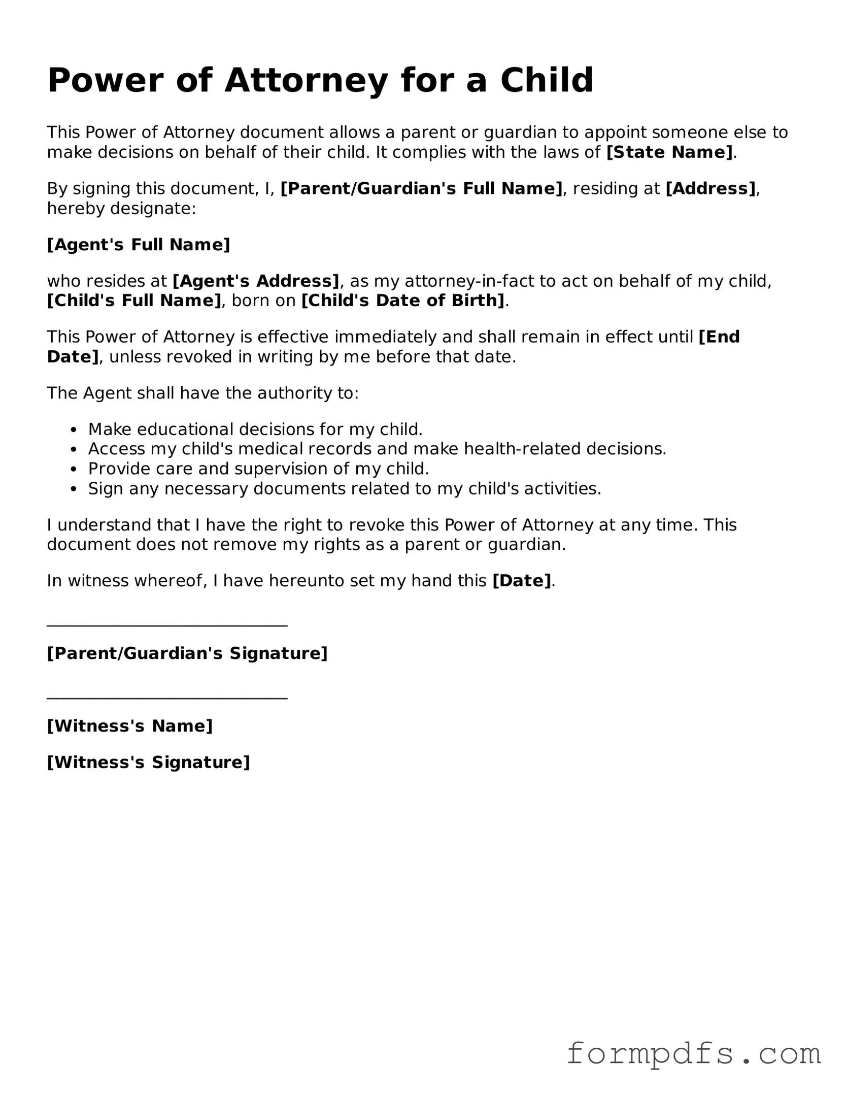 Valid Power of Attorney for a Child Template
