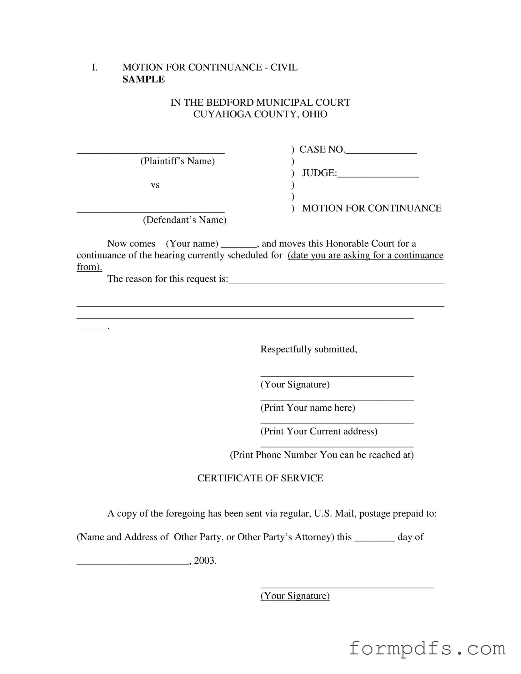 Blank Motion For Continuance PDF Form