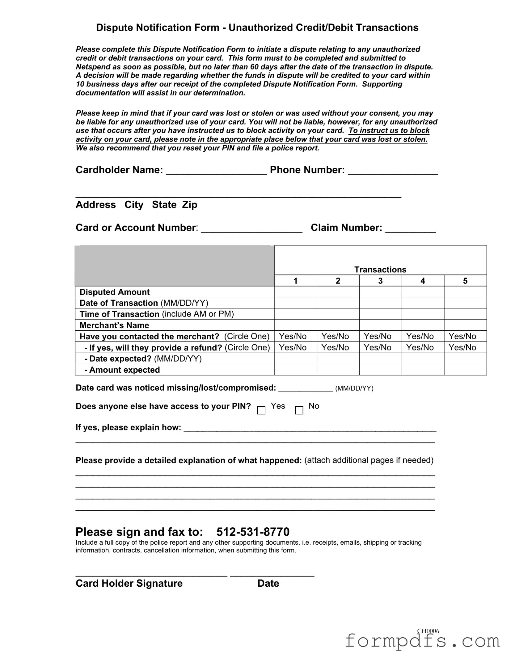 Blank Netspend Dispute PDF Form