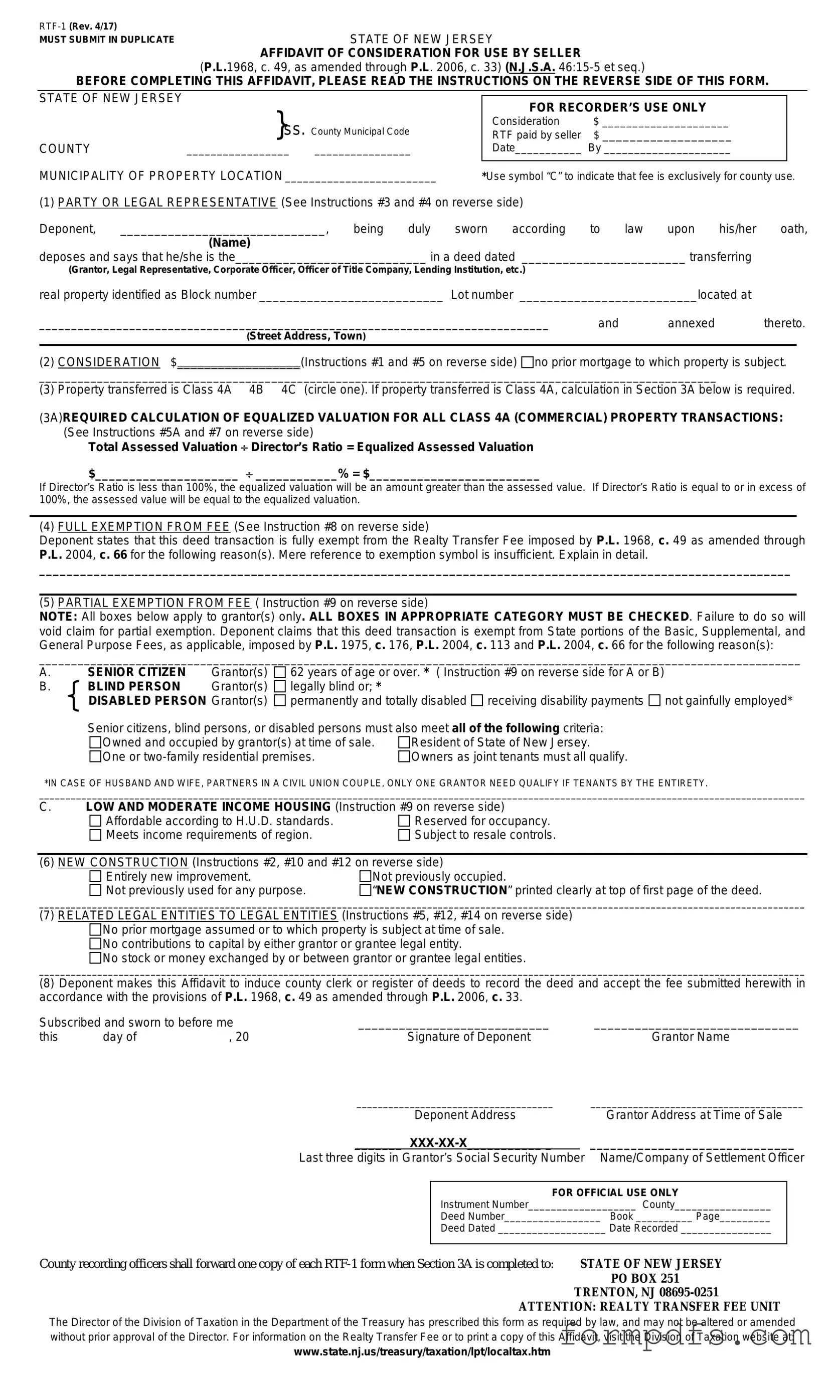 Blank New Jersey Affidavit of Consideration RTF-1 PDF Form