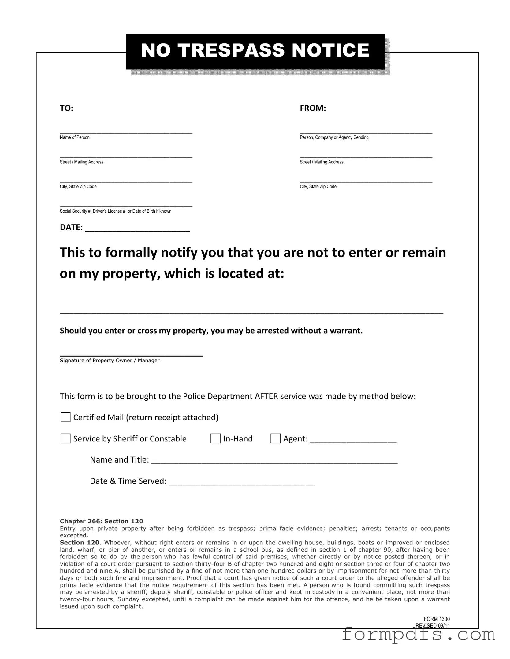 Blank No Trespassing Letter PDF Form