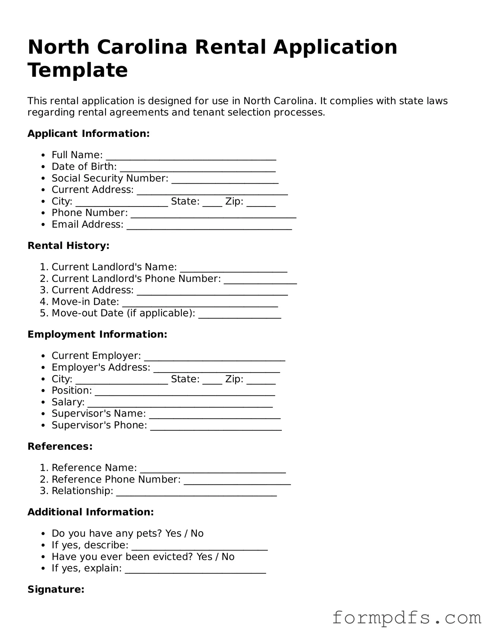 Printable Rental Application Form for the State of North Carolina