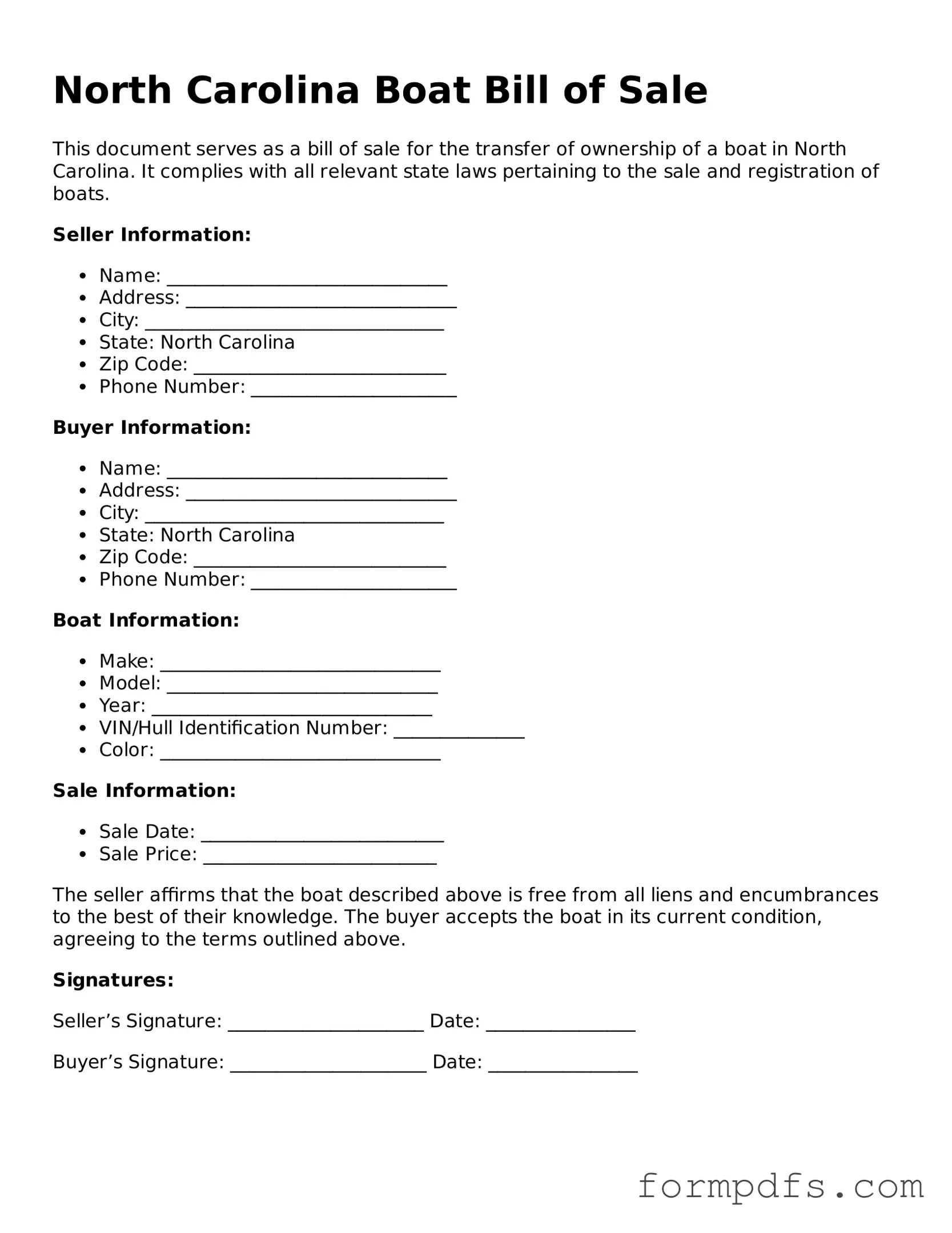 Printable Boat Bill of Sale Form for the State of North Carolina