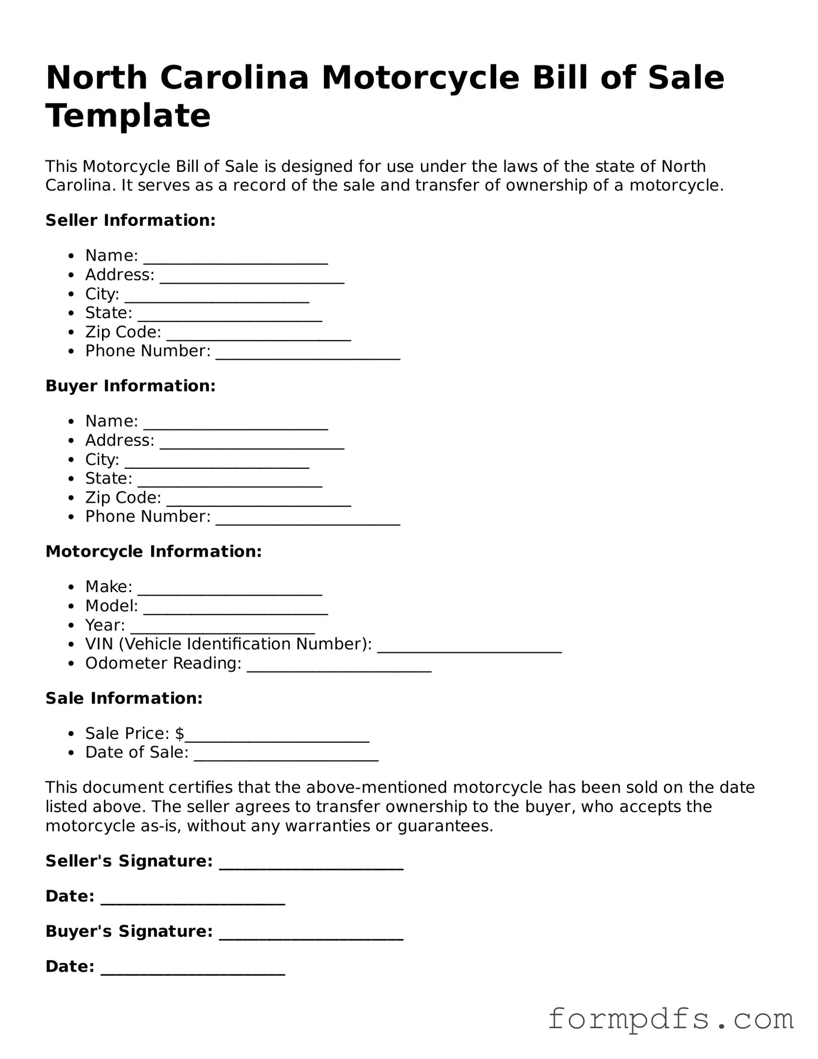 Printable Motorcycle Bill of Sale Form for the State of North Carolina