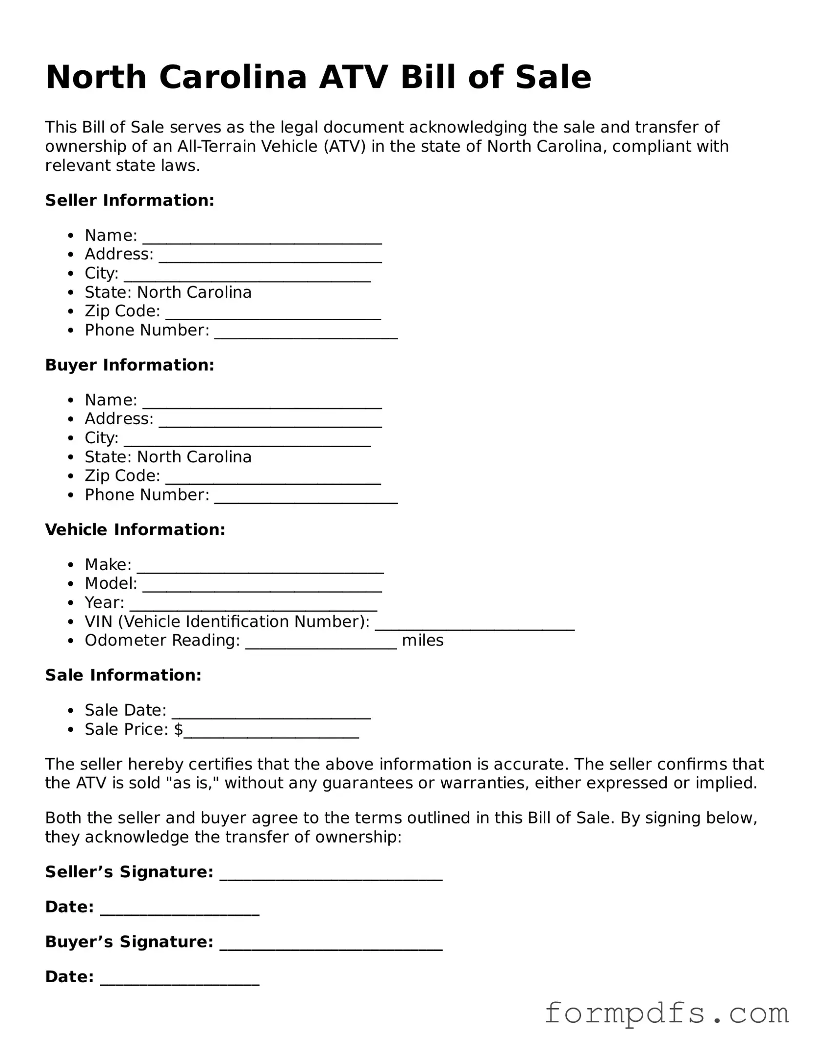 Printable ATV Bill of Sale Form for the State of North Carolina