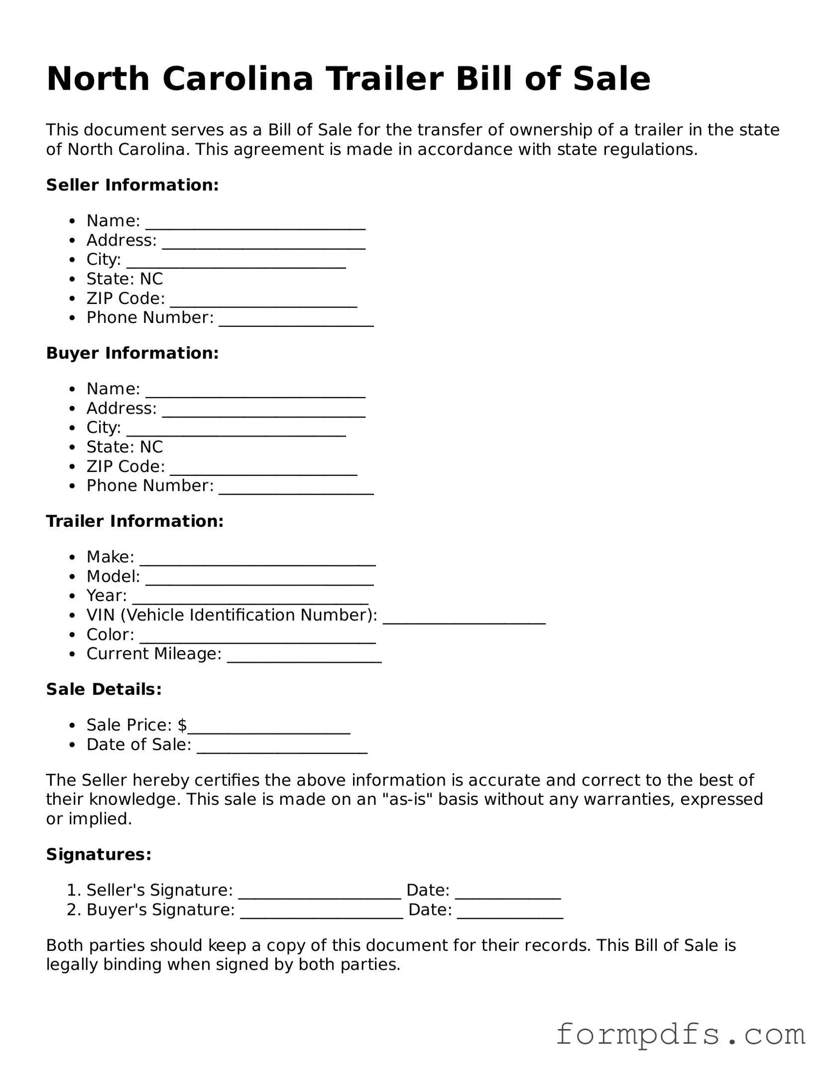 Printable Trailer Bill of Sale Form for the State of North Carolina