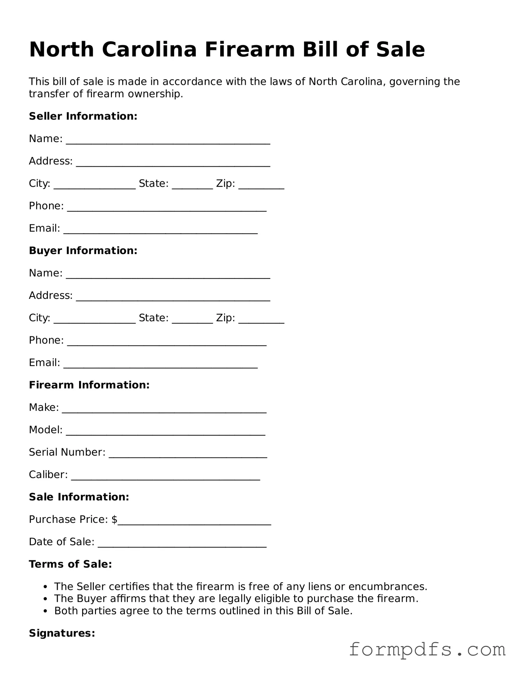 Printable Firearm Bill of Sale Form for the State of North Carolina