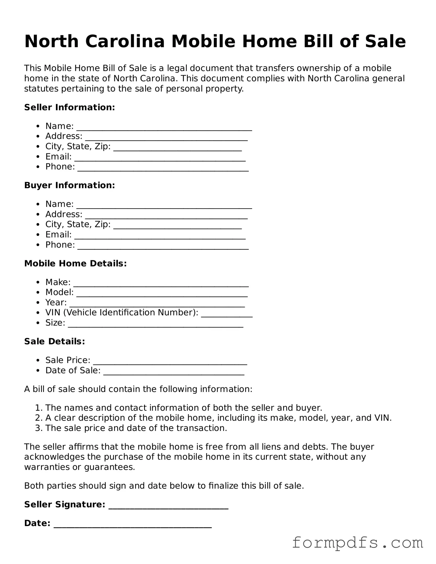 Printable Mobile Home Bill of Sale Form for the State of North Carolina