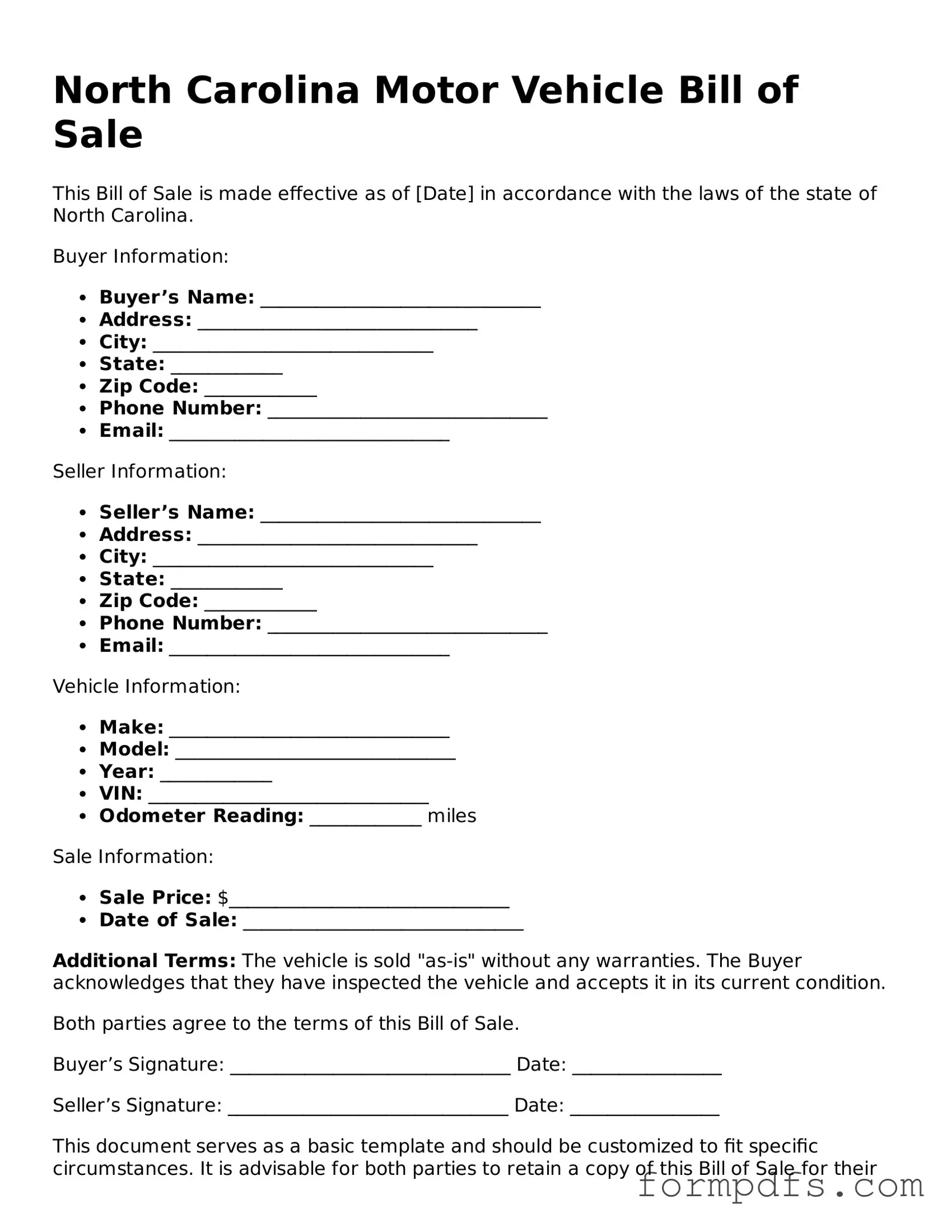 Printable Motor Vehicle Bill of Sale Form for the State of North Carolina