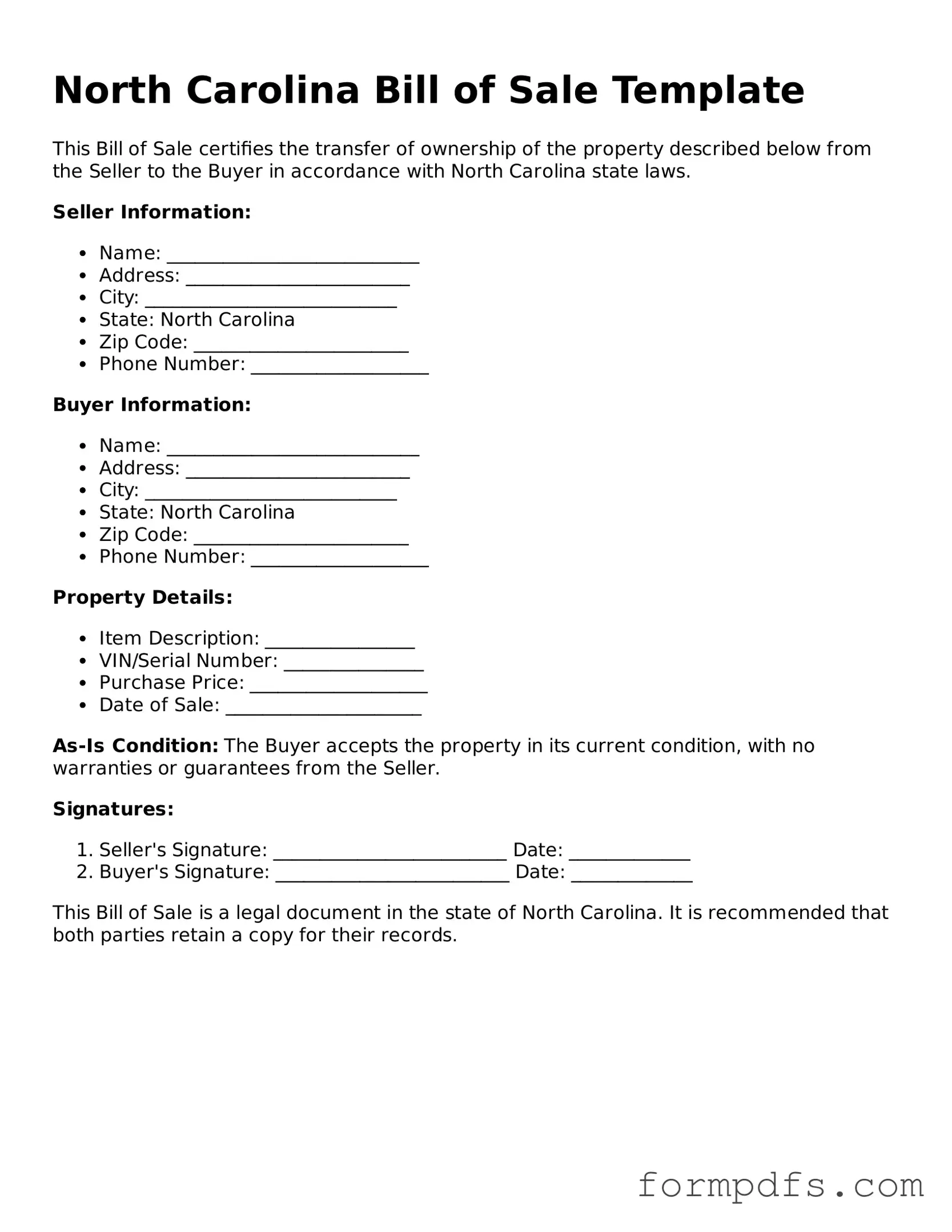 Printable Bill of Sale Form for the State of North Carolina