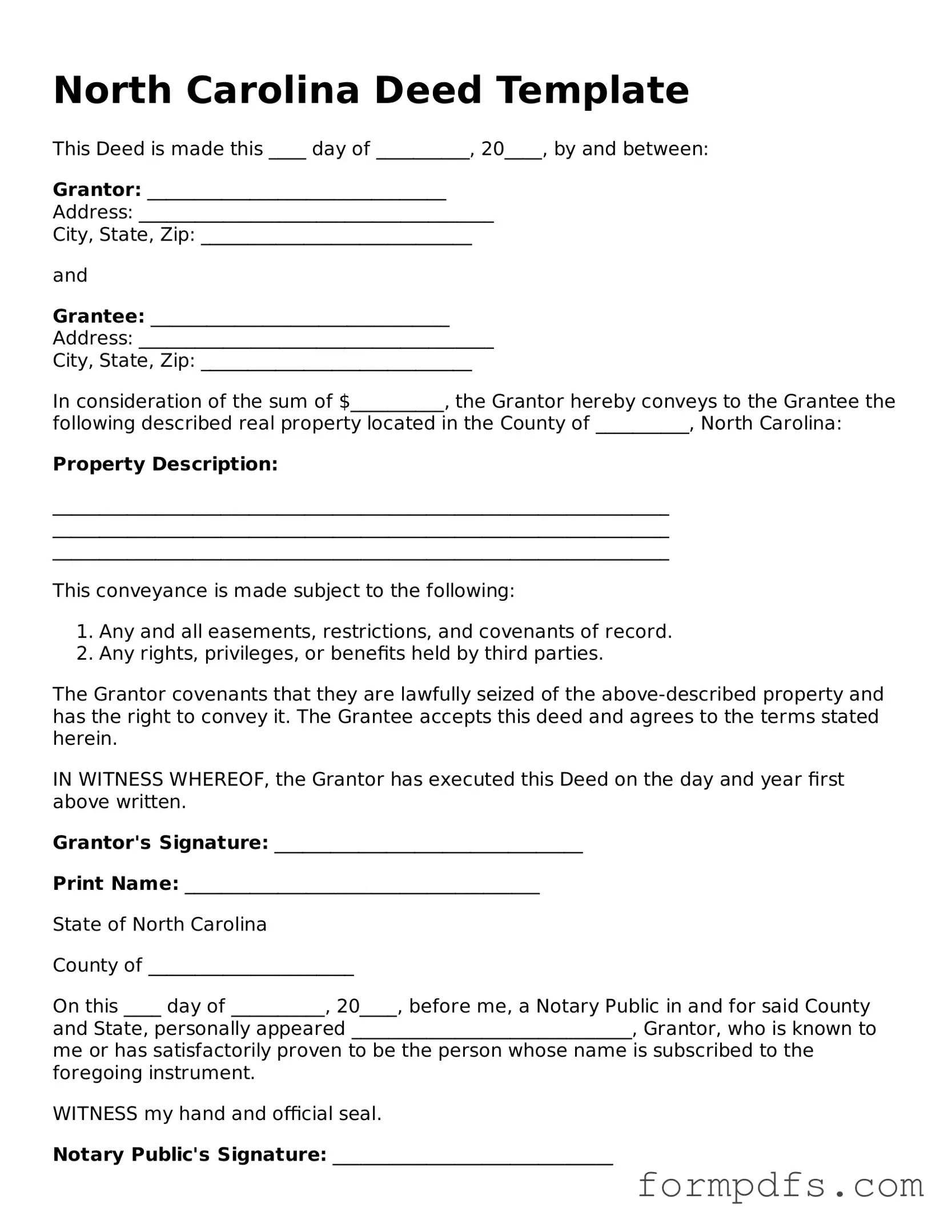 Printable Deed Form for the State of North Carolina