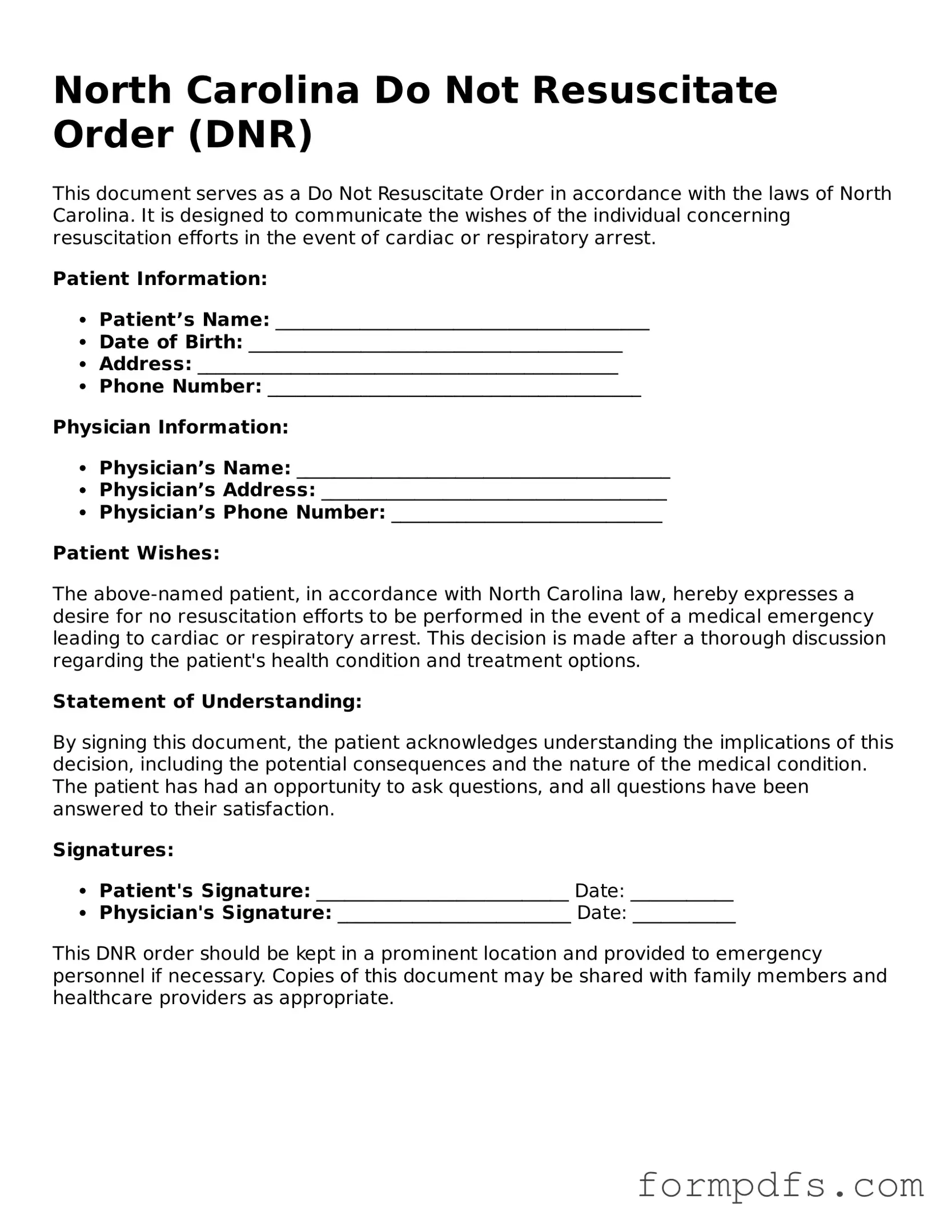 Printable Do Not Resuscitate Order Form for the State of North Carolina