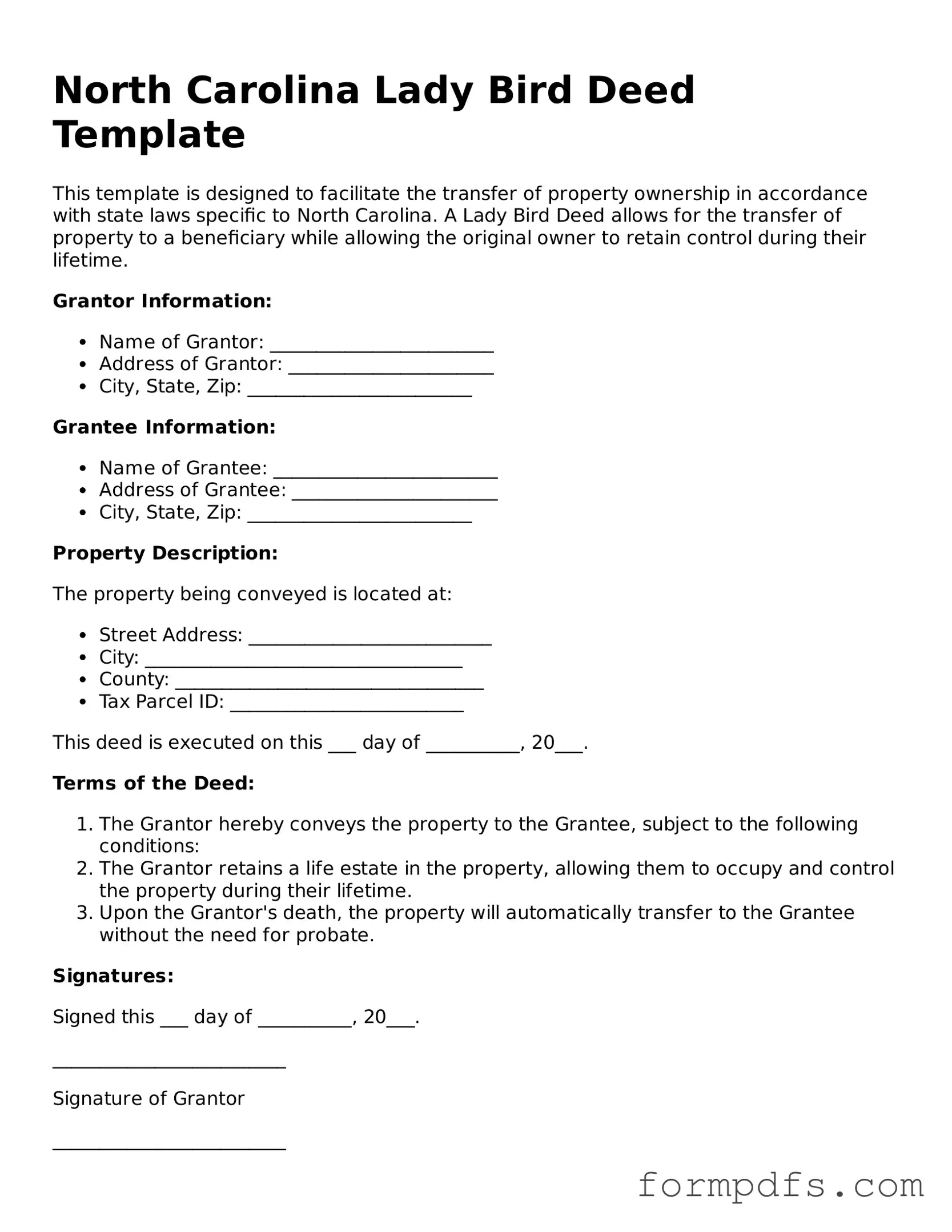 Printable Lady Bird Deed Form for the State of North Carolina
