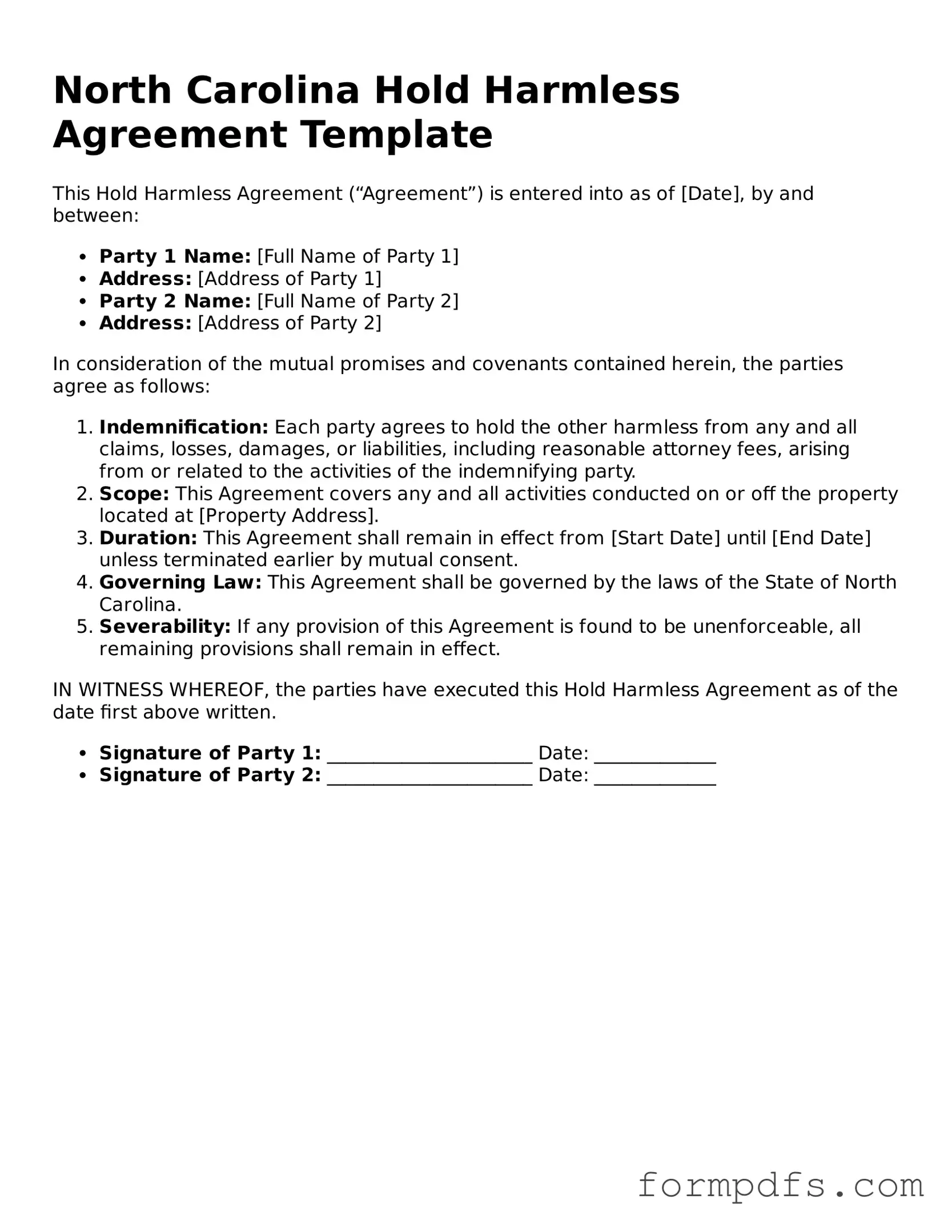 Printable Hold Harmless Agreement Form for the State of North Carolina