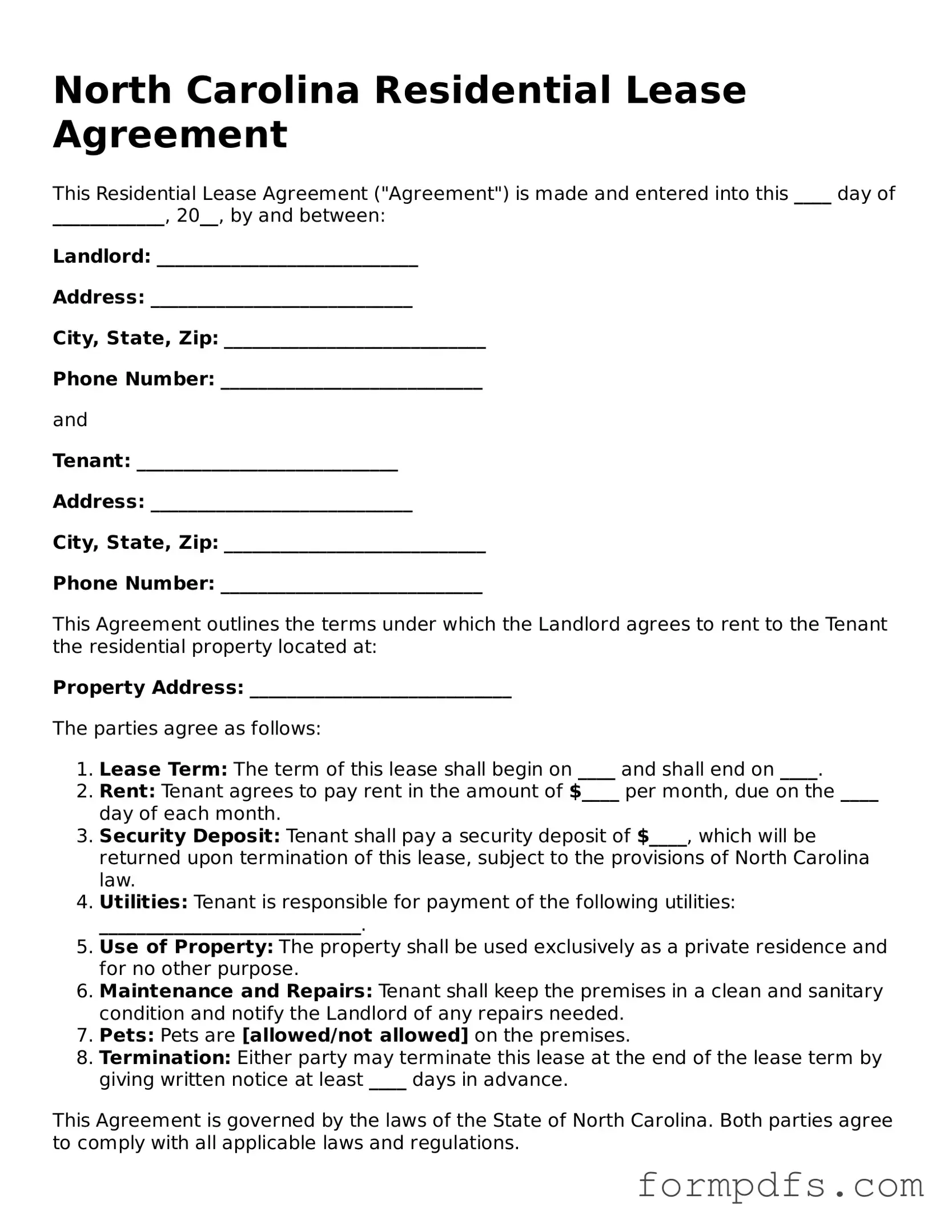 Printable Residential Lease Agreement Form for the State of North Carolina
